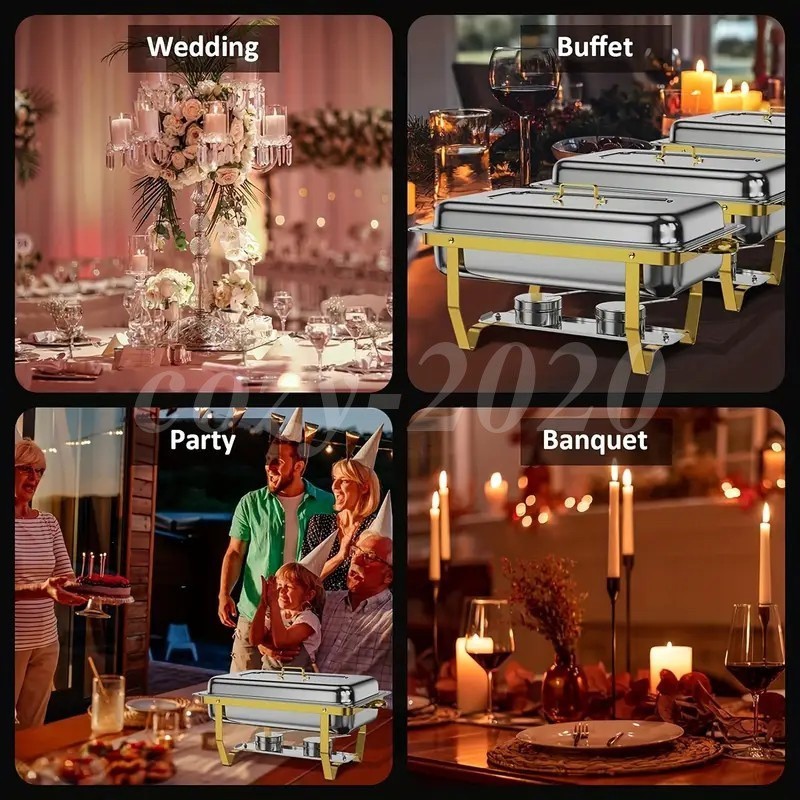 4 Pack Chafing Dish Buffet Set 9QT Stainless Steel Chafing Dishes Gold & Silver
