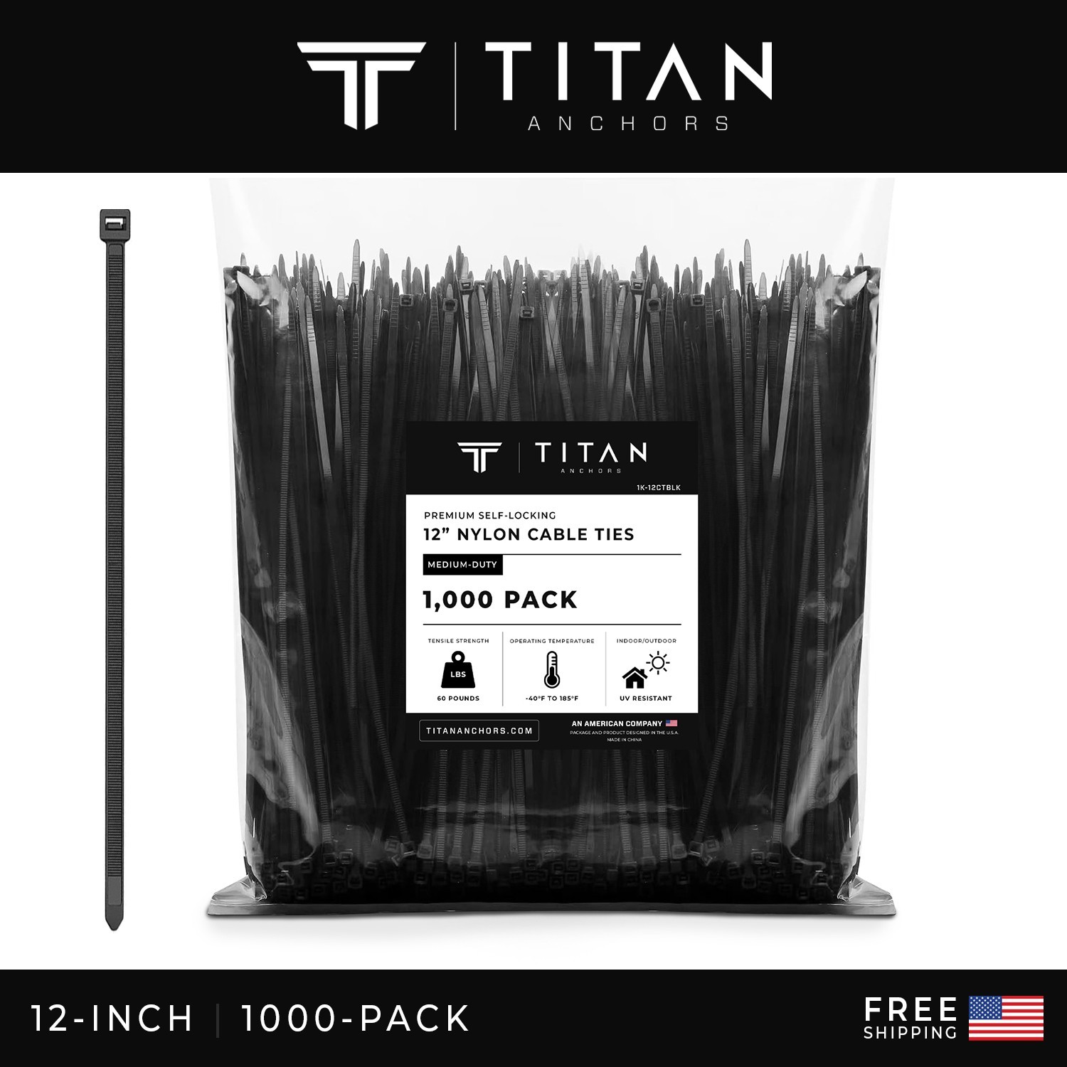 1000-Pack Premium 12″ Inch Black Nylon Zip Ties, 60 lbs, UV Resistant, 4.8mm
