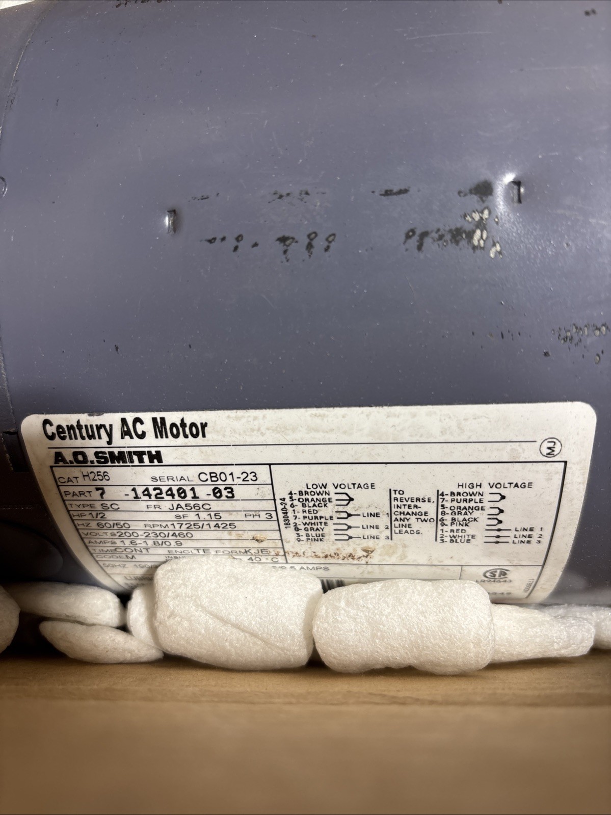 A.O. Smith/Century H256, 0.5HP, 3Ph, 200-230/460V, 1725/1425 RPM