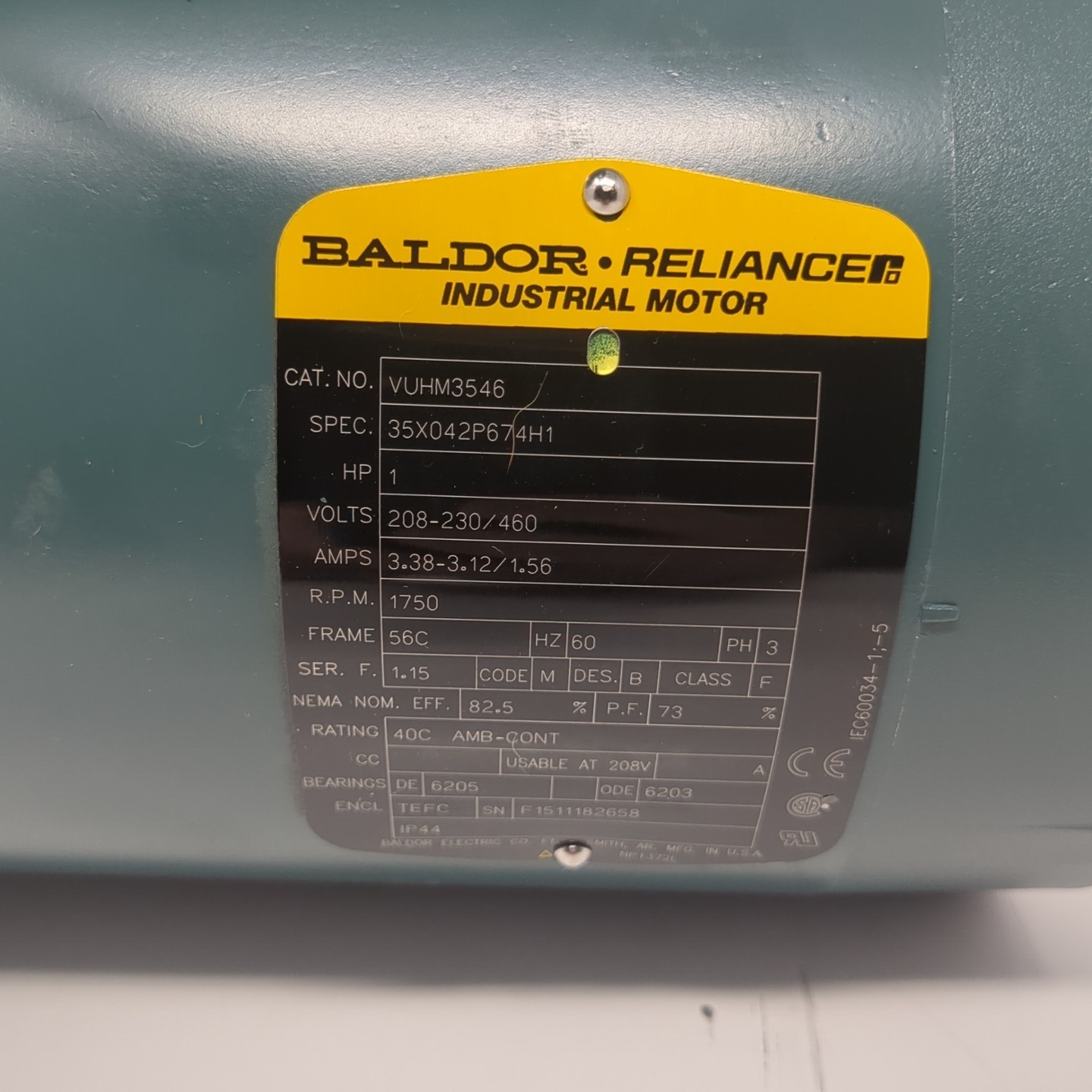 Baldor VUHM3546 Industrial AC Motor 1Hp 1750RPM 208-230/460V-AC 3PH 56C