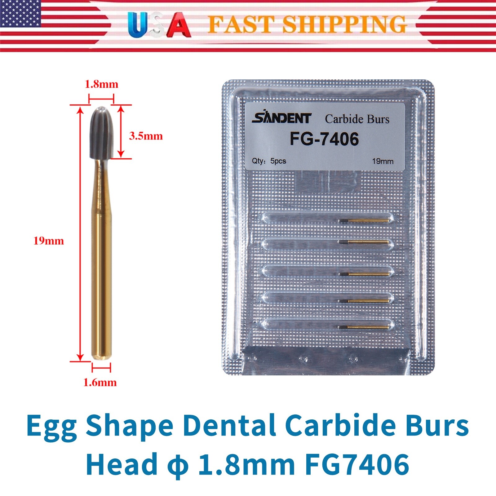 5 packs Dental Tungsten Carbide Burs Trimming & Finishing Egg Football FG 7406