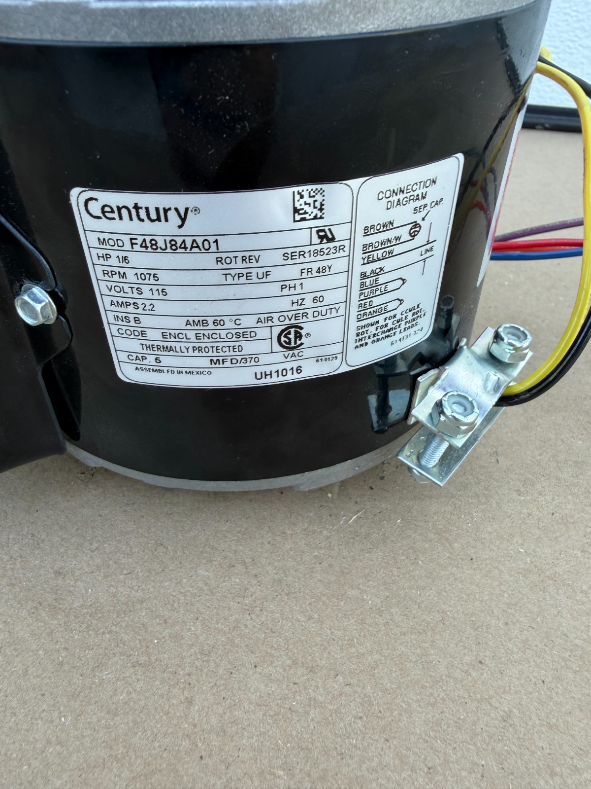 Century UH1016 F48J84A01 Direct Drive Blower Motor 115V, 1/6 HP, 1075 RPM