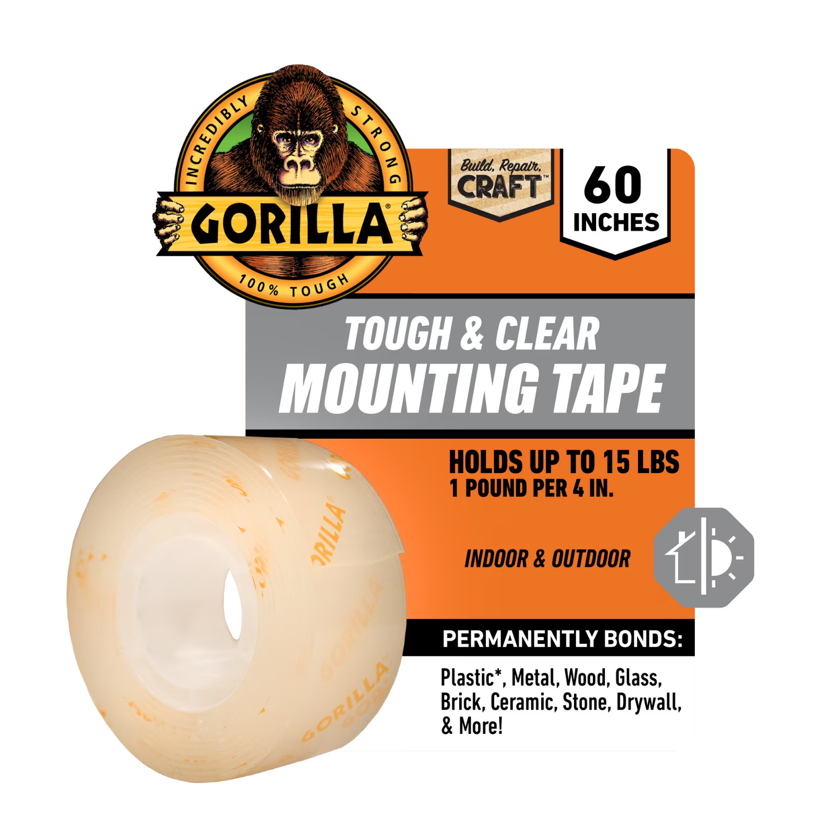 (2 pack) Gorilla Tough & Clear Double-Sided Mounting Tape, 60″ Roll