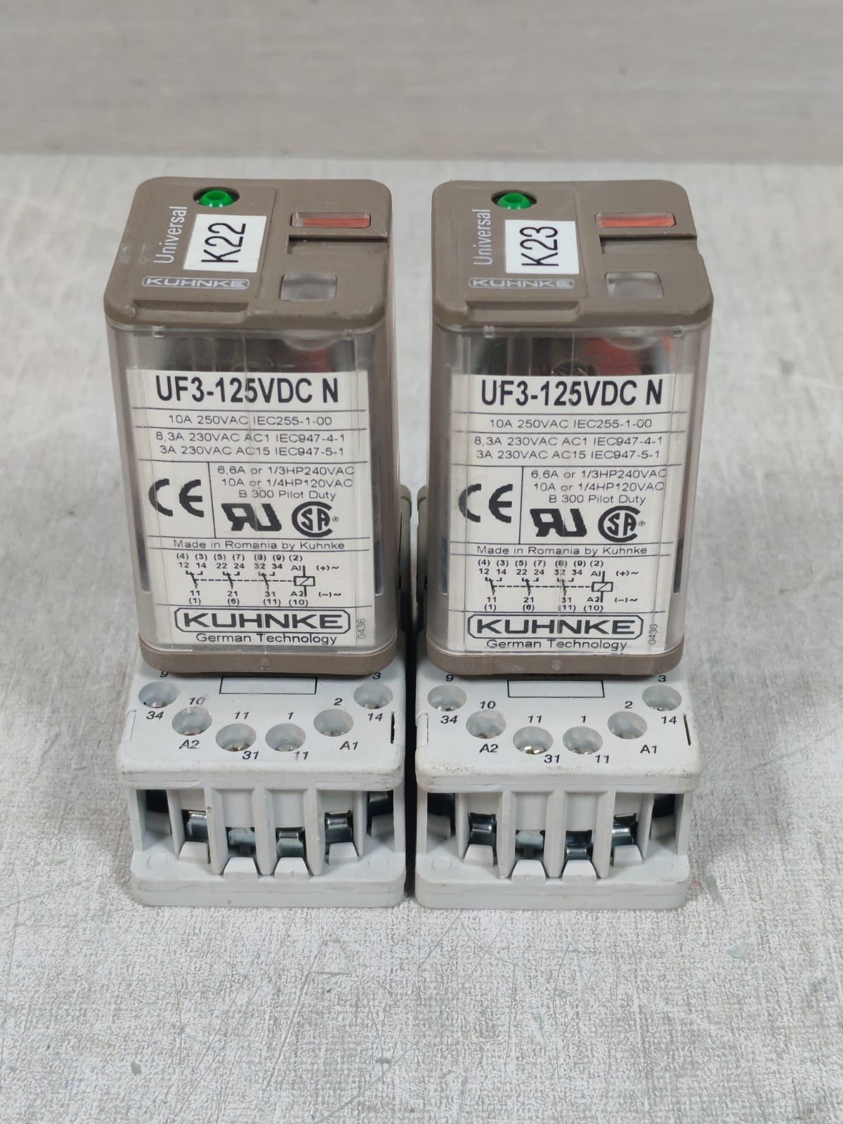 LOT 2PCS KUHNKE UNIVERSAL UF3-125VDC N RELAY WITH BASE 10A 250VAC