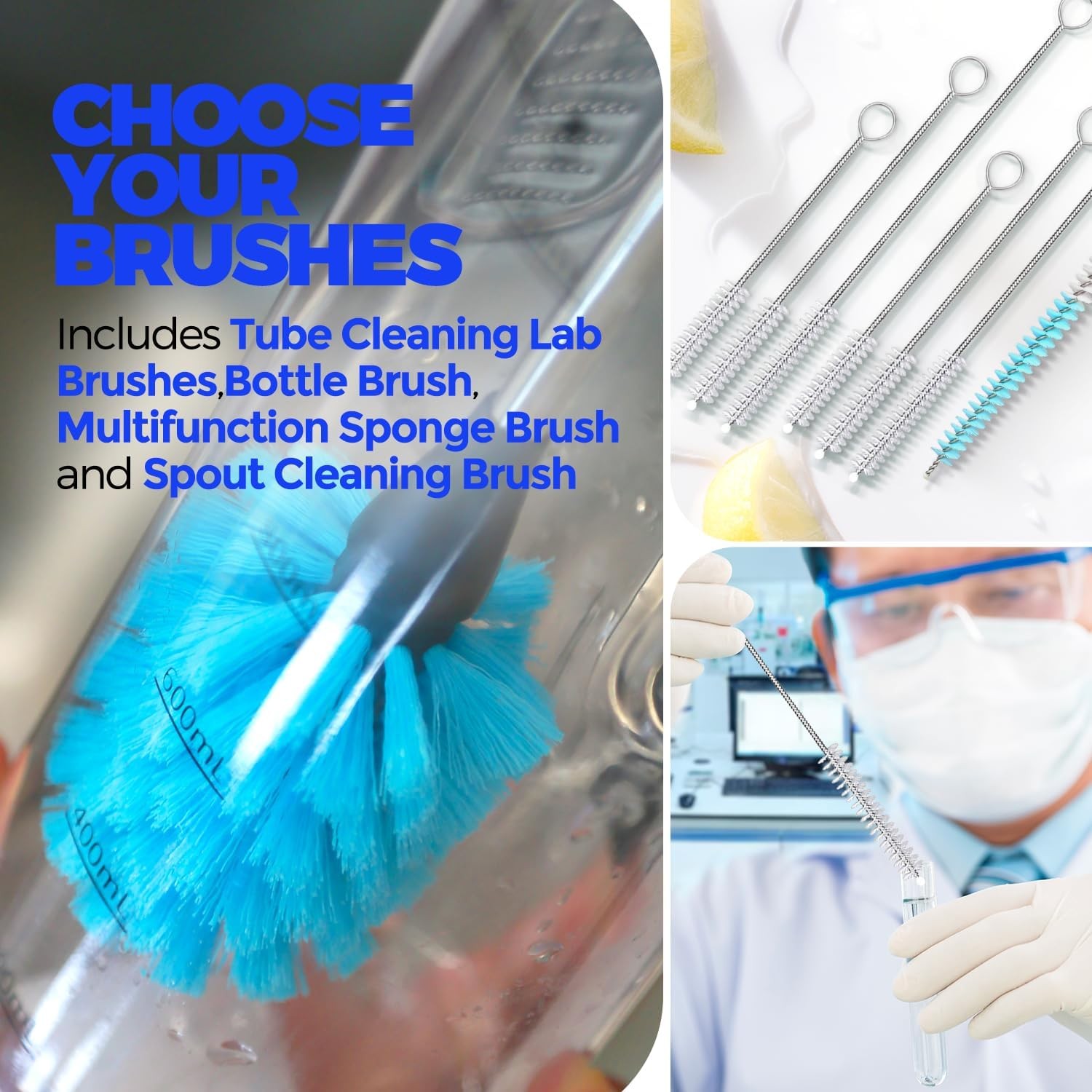 Holikme Bottle Brush Tube Cleaning Lab Set with Long Handle, Cup Cleaner for Was