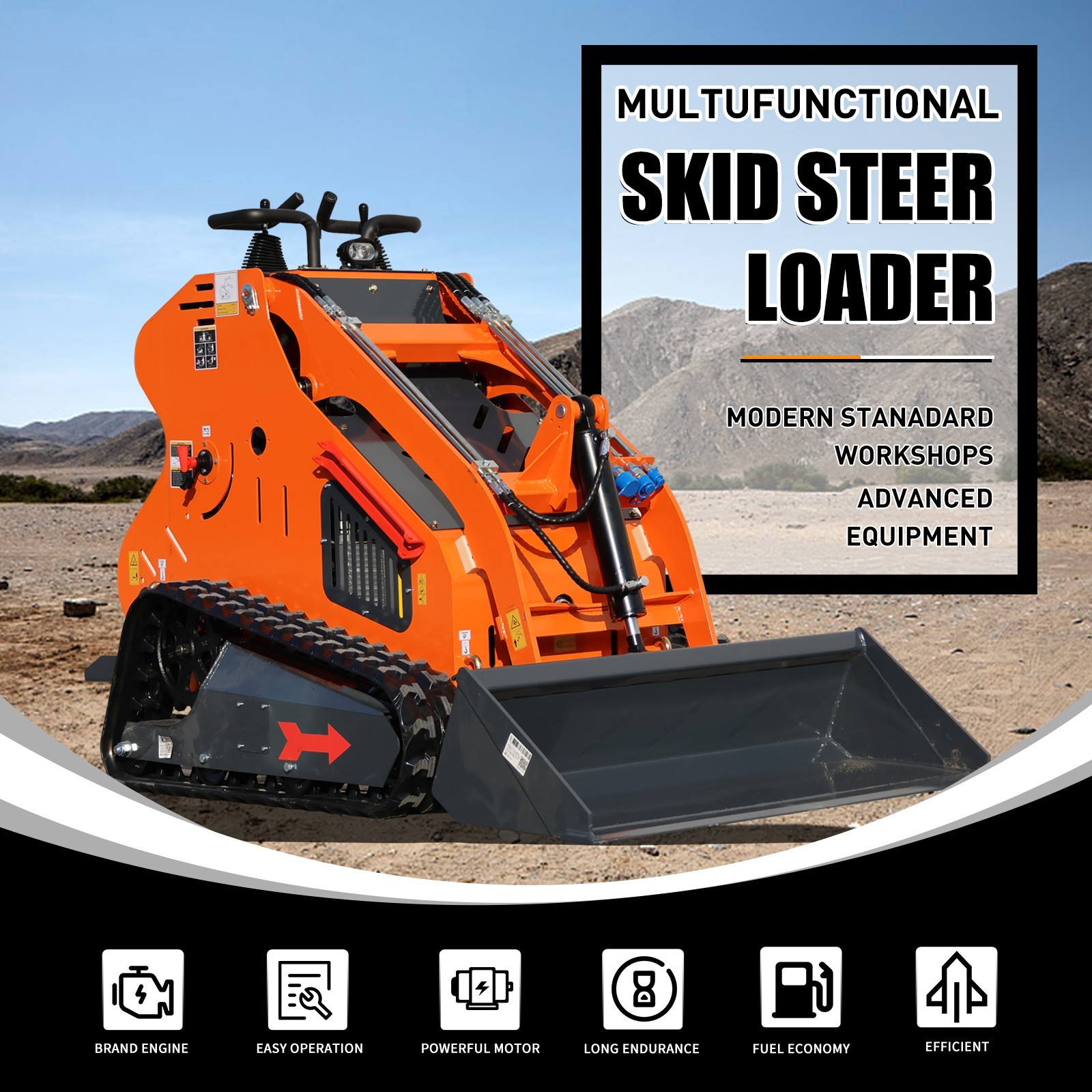 24HP Mini Track Skid Steer Loader, RATO 2-Cylinder Engine, 3-Pump Hydraulic Syst