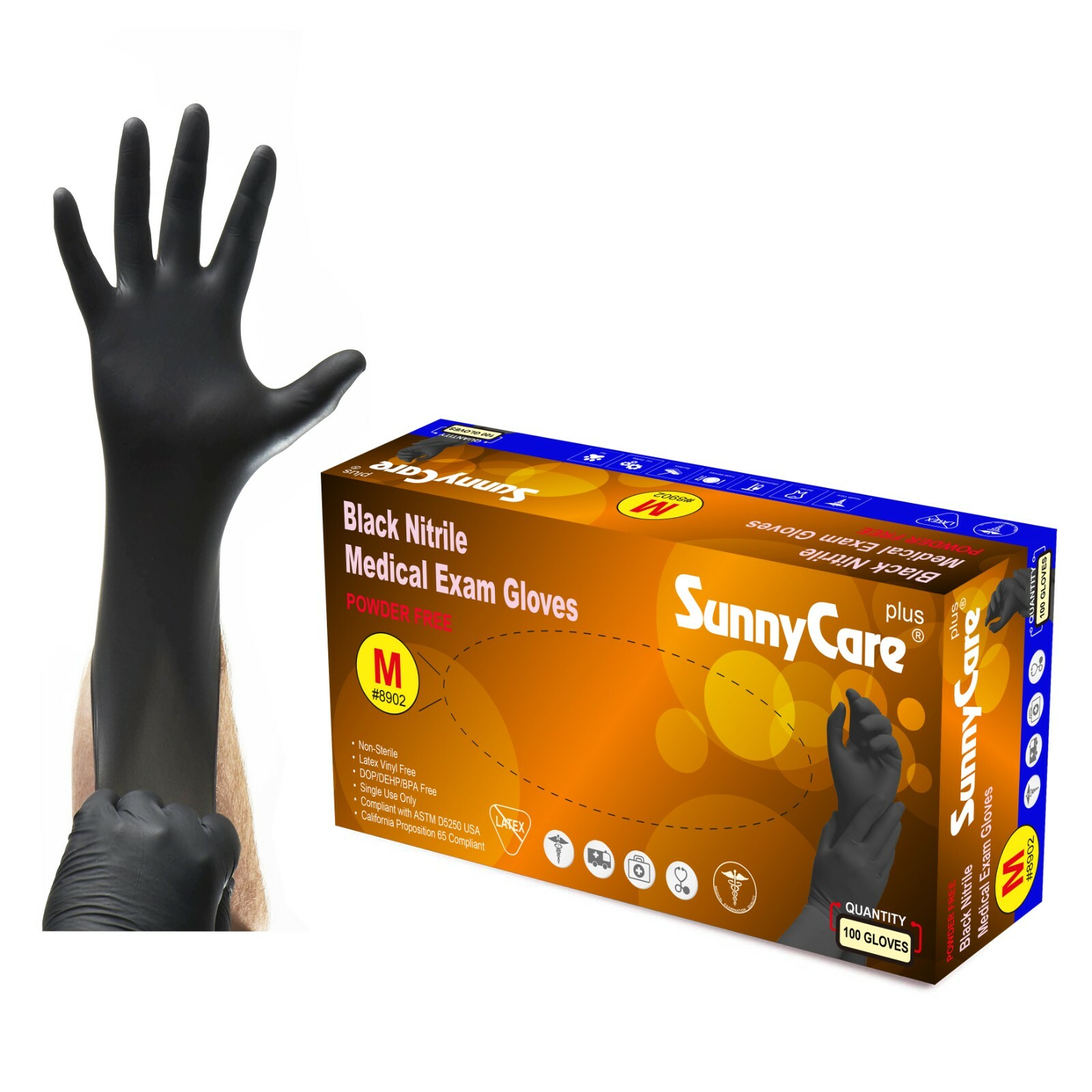 100 SunnyCare® 5Mil Black Nitrile Exam Gloves Powder Free (Non Vinyl Latex) M
