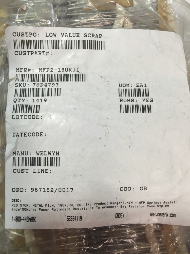 Lot Of 1419, Welwyn Resistor 2W, Metal Film 180K Ohm, MFP2-180KJI, #X23