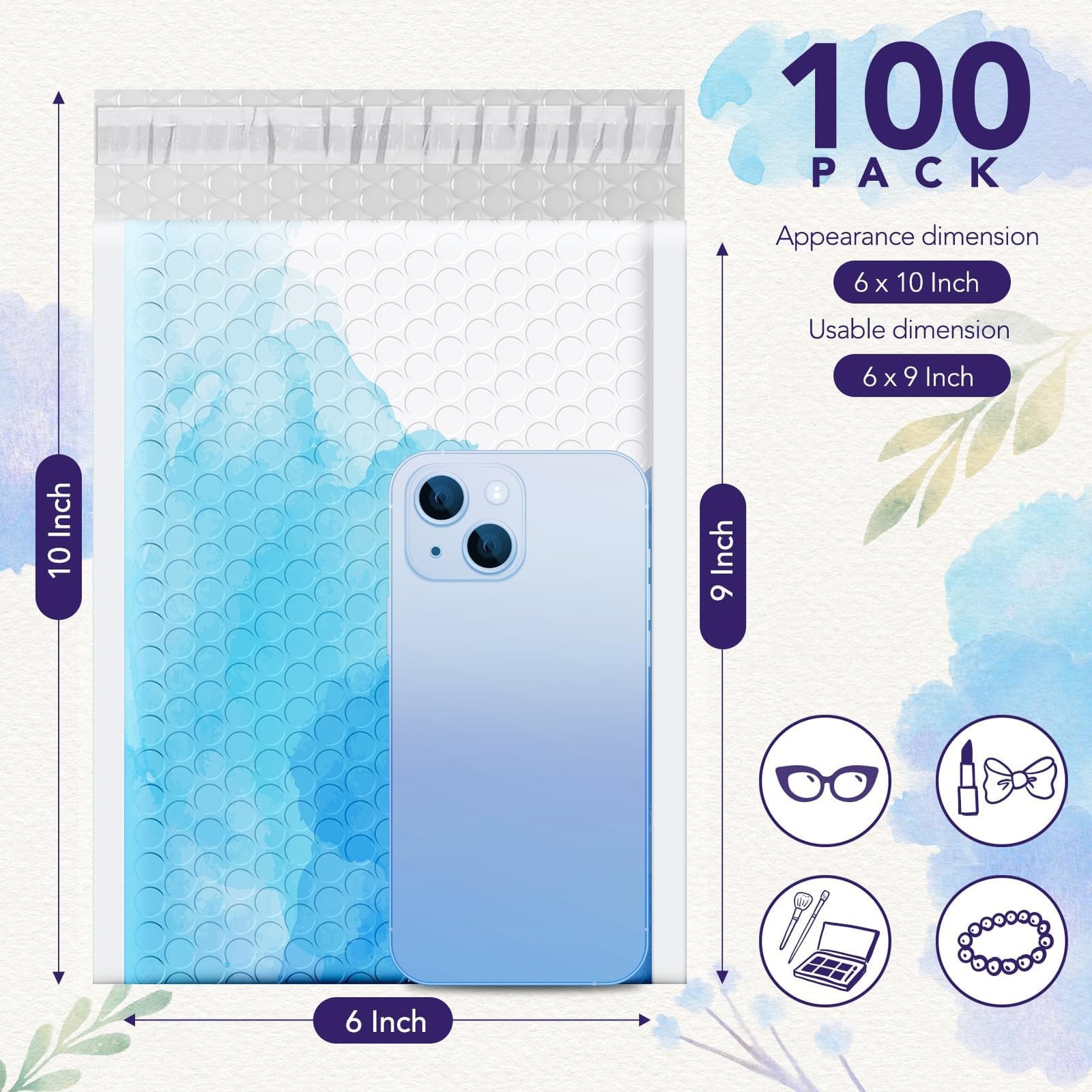 Fuxury Bubble Mailers 6×10″ Blue Watercolor Small Padded Envelopes 100 Pack U…