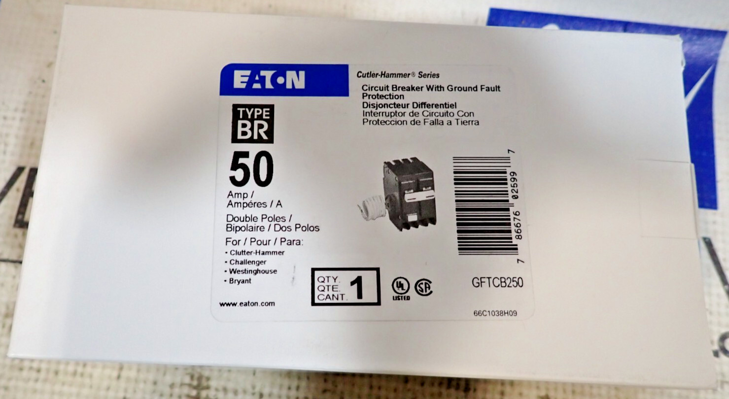 1 New EATON GFTCB250 2 Pole 50 Amp 120/240v Plug-On GFI Breaker 100 + In Stock