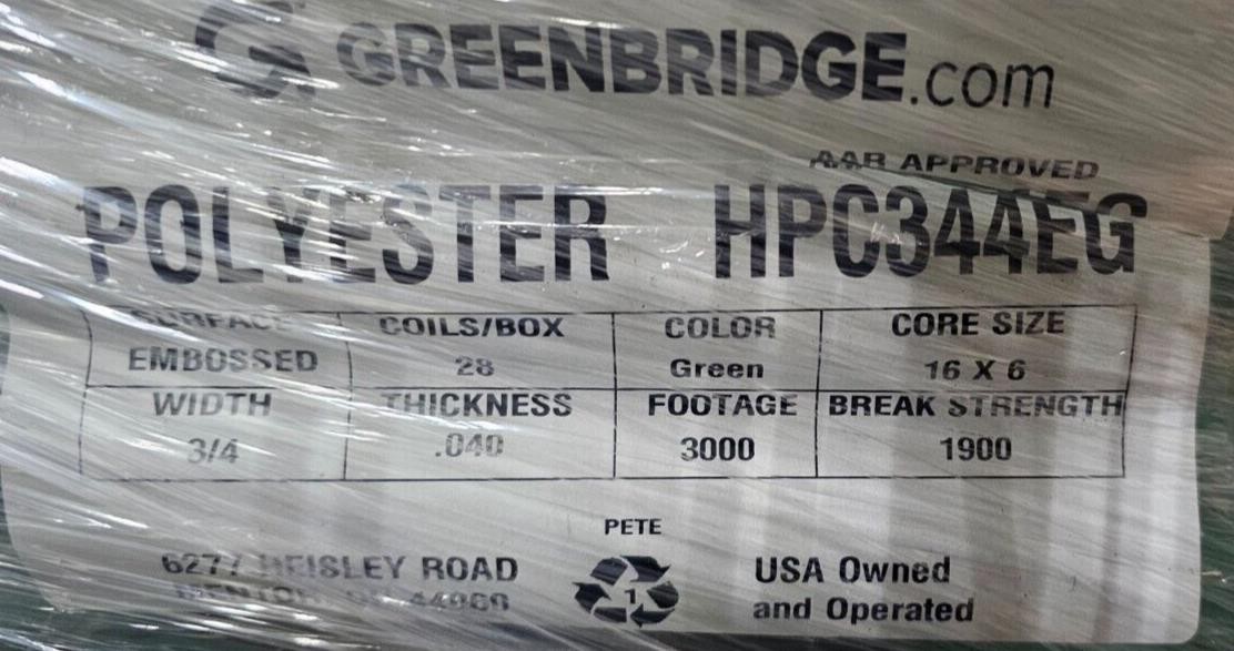 New 3000ft PET Polyester Strapping 3.4″ .040″, Green, 1900lbs Rated, 16×6 Core