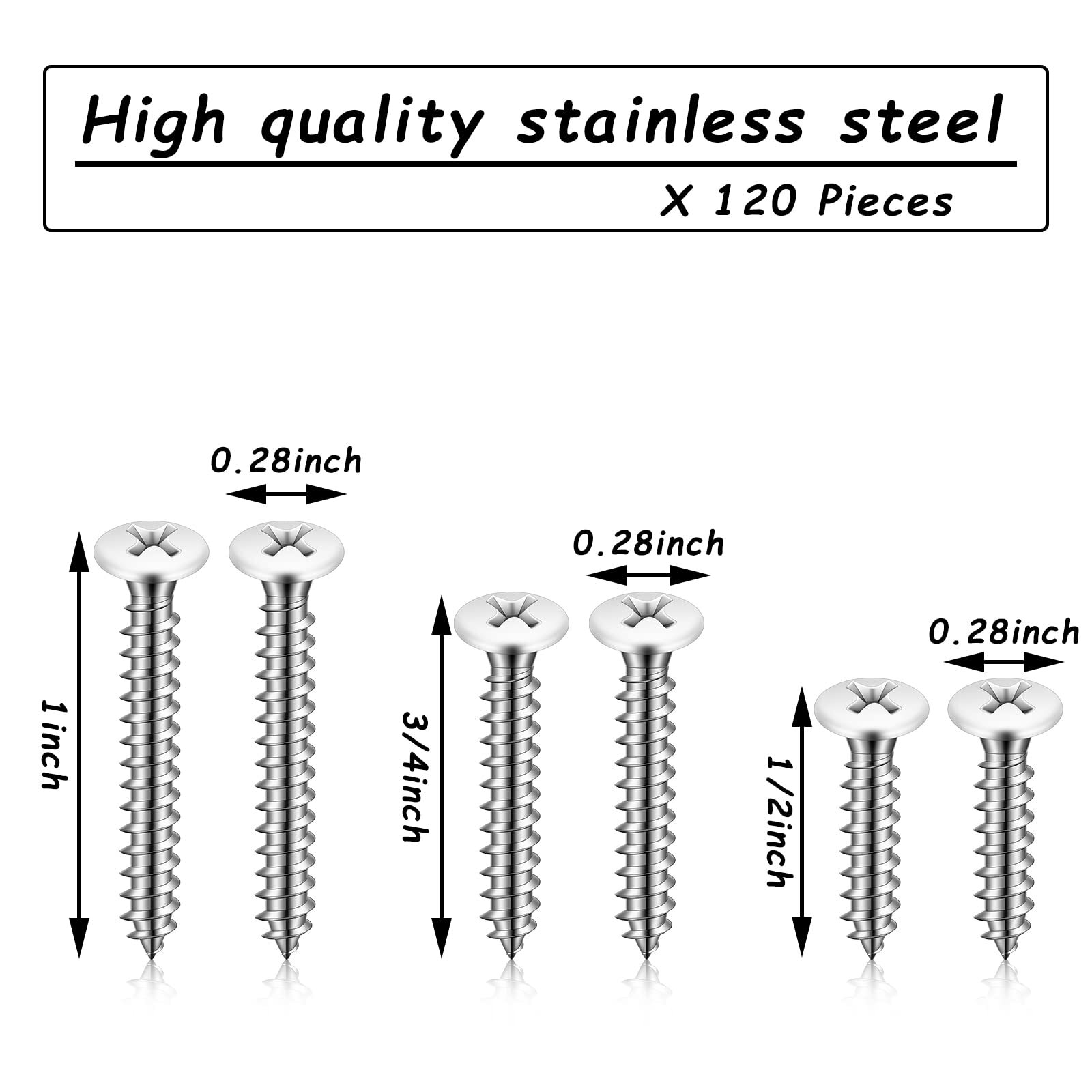 120 Pcs #8 White Head Wood Screws Self Tapping 3 Assorted Sizes for Wall