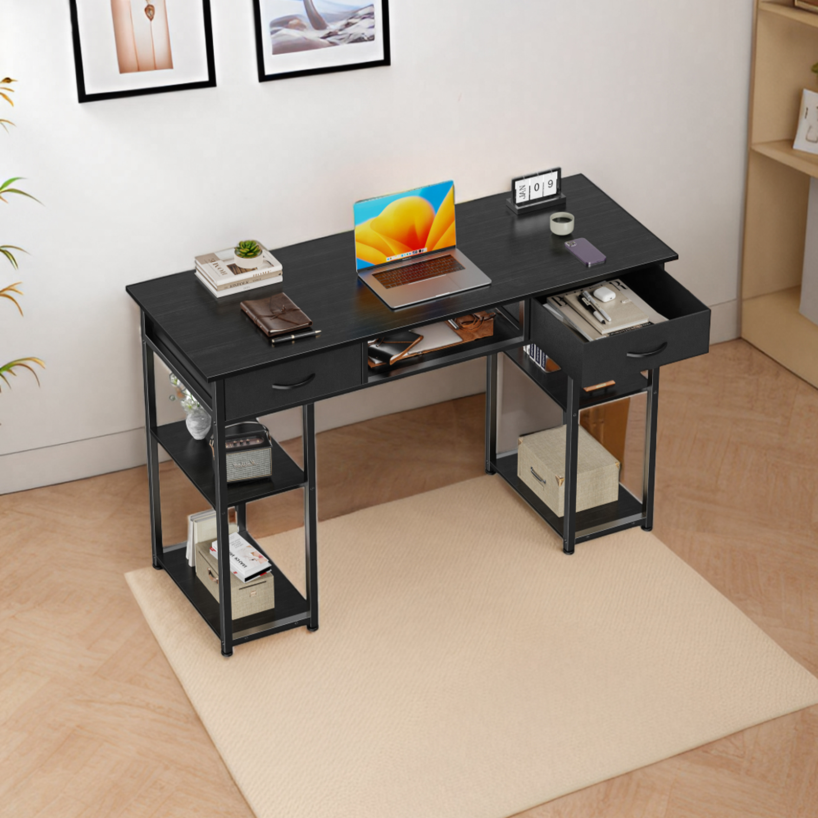 48″ Office Computer Desk,Home Study Table with Storage Shelf & 3 Fabric Drawers