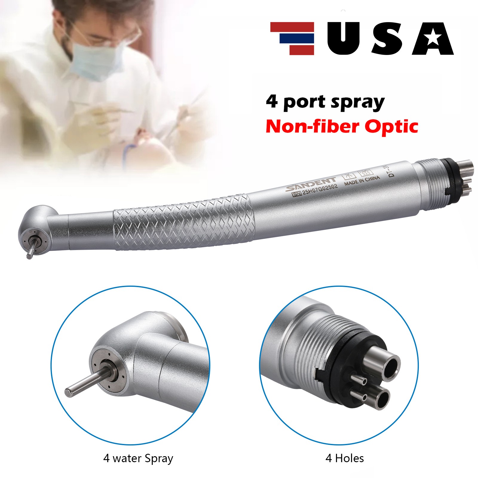 SANDENT Dental High Speed Handpiece Push Button 4 port spray 4 Hole Fit NSK