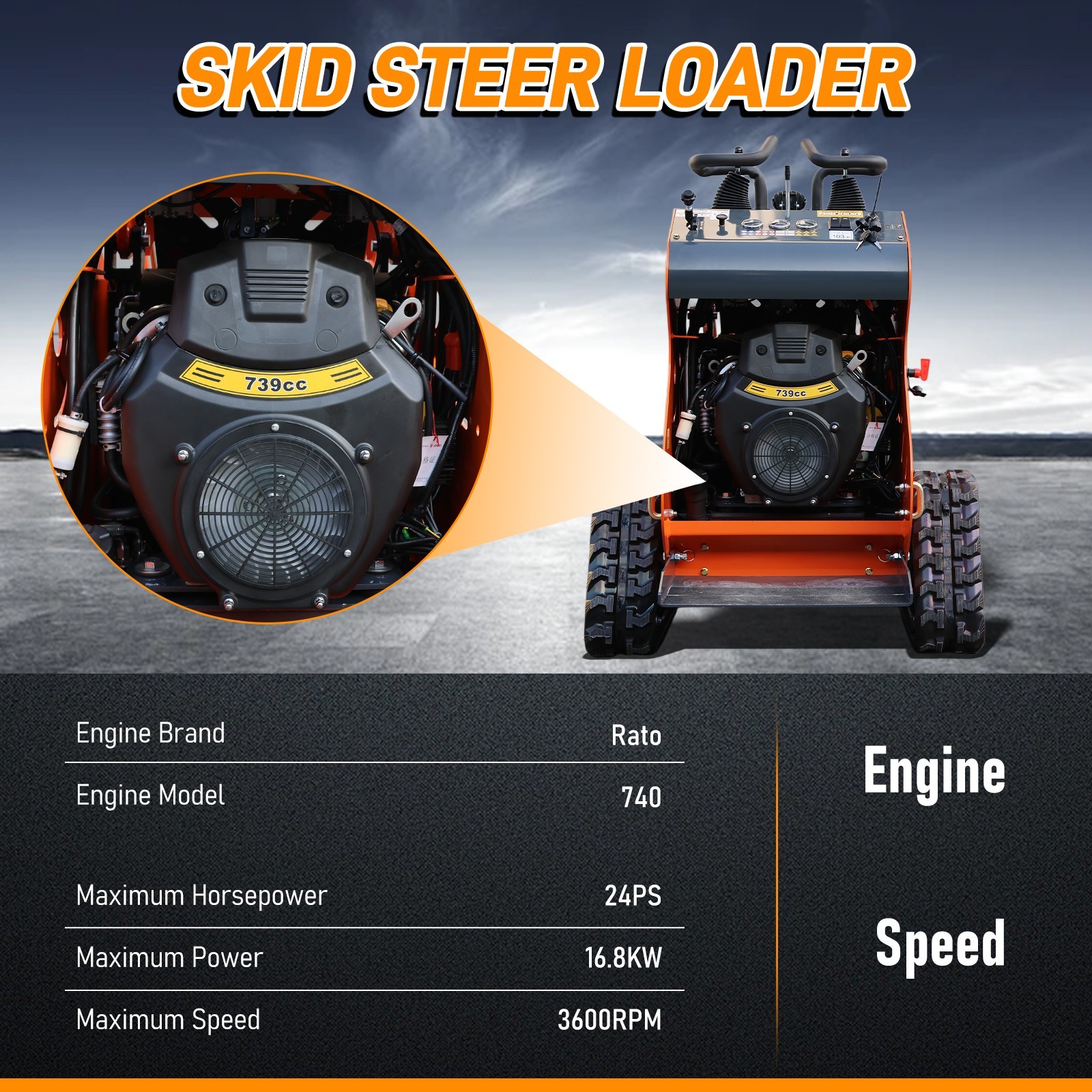 24HP Mini Track Skid Steer Loader, RATO 2-Cylinder Engine, 3-Pump Hydraulic Syst