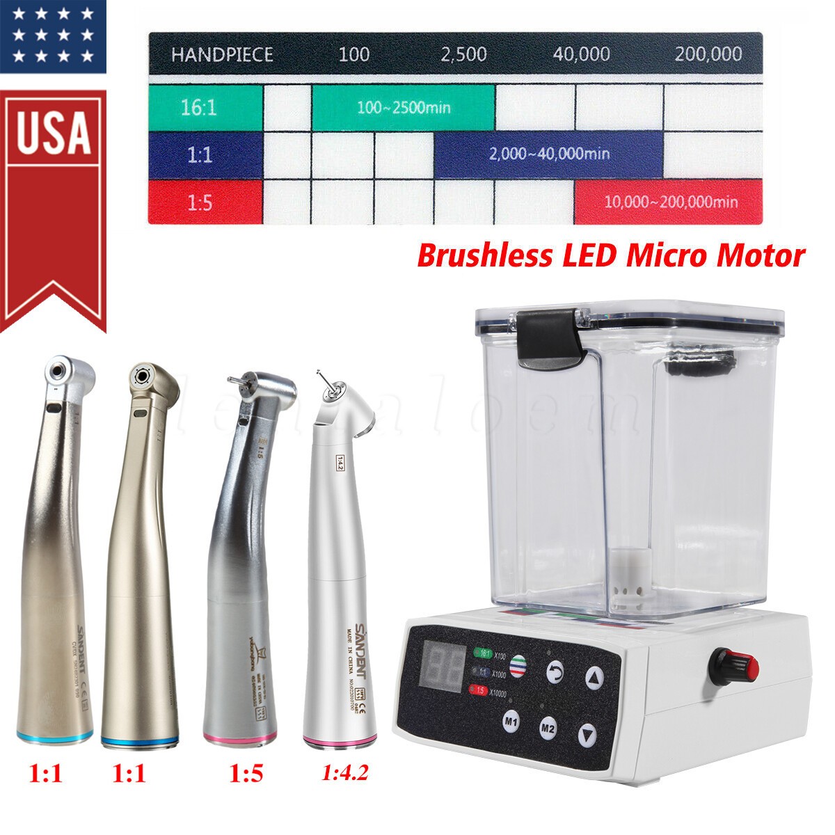 Woodpecker Style Dental Electric Motor 1:5 High Speed Handpiece Contra Angle 1:1
