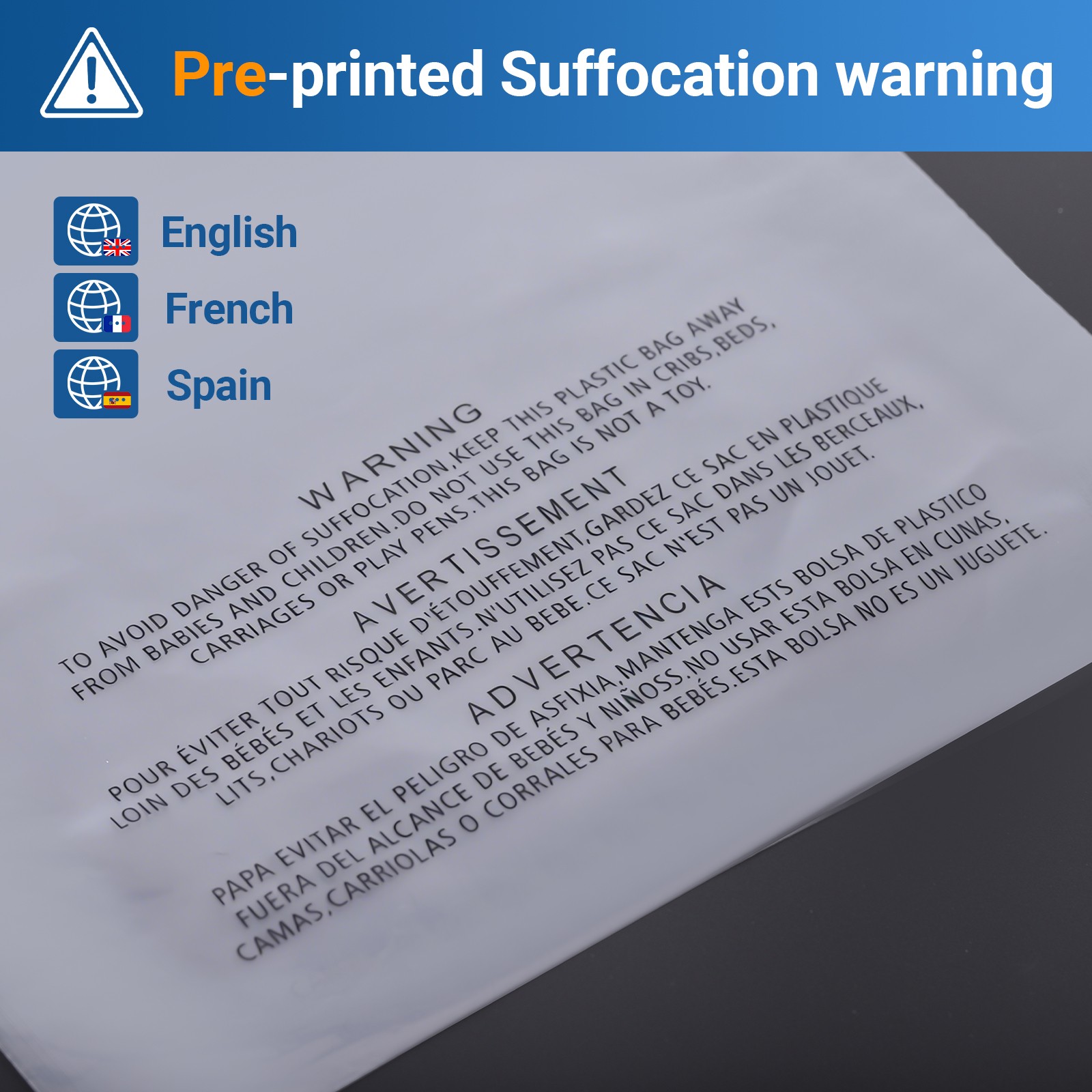 Clear Poly shipping Bags with Suffocation Warning -10X13,11×14,12×15,14×20,18×24