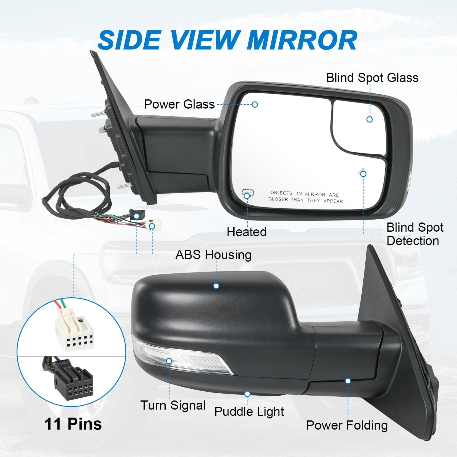 Right Passenger Side Door Mirror Power Folding Heated Power Glass (11Pin) | C…