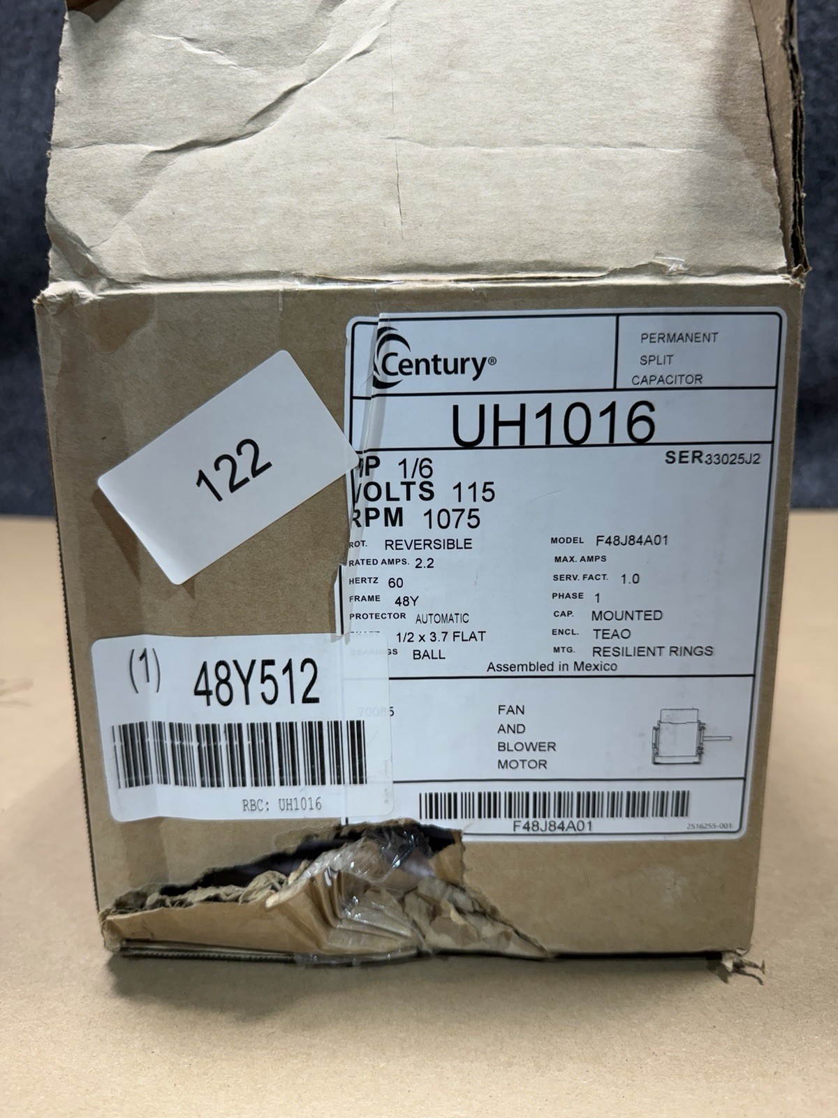 Century UH1016 F48J84A01 Direct Drive Blower Motor 115V, 1/6 HP, 1075 RPM