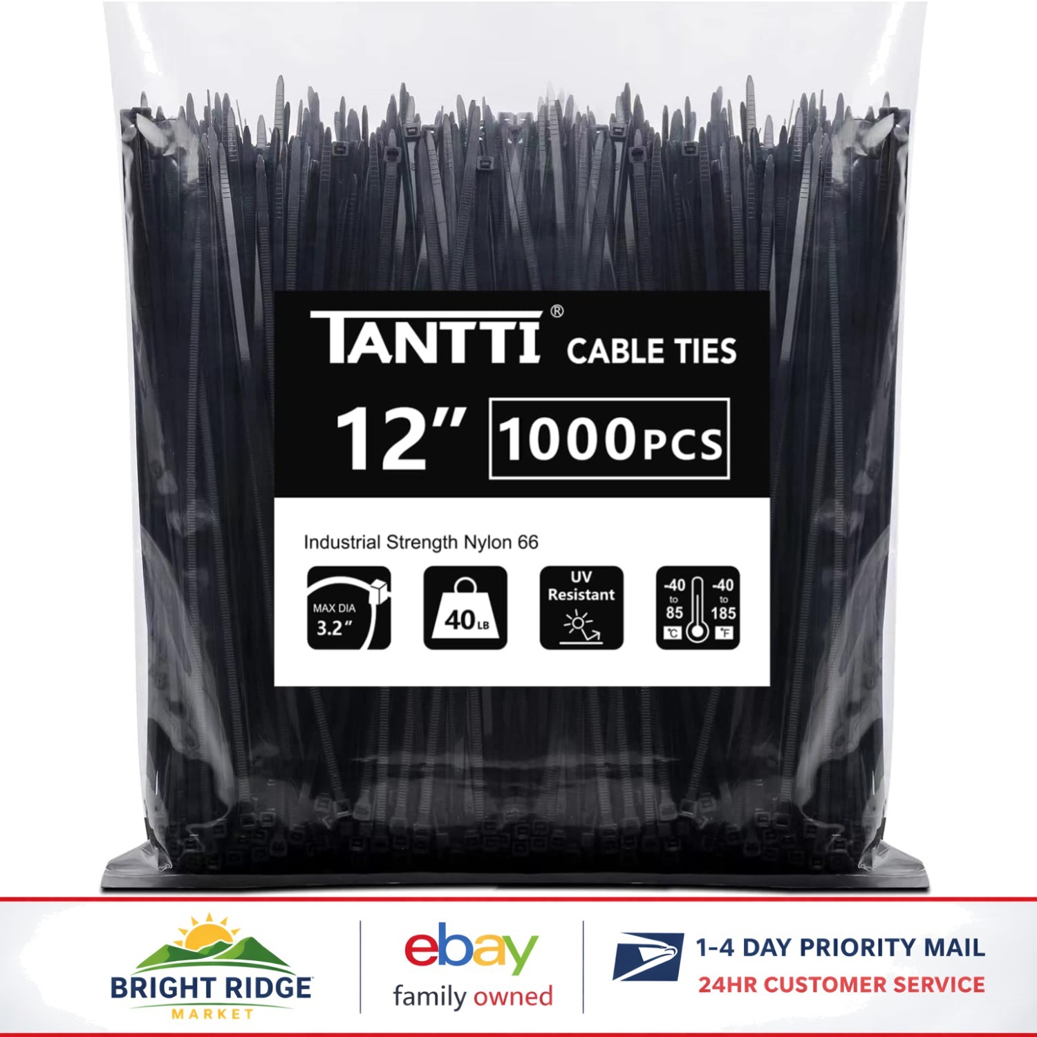Reusable 12 Inch Zip Ties, 1000 Count, Weatherproof for Indoor and Outdoor Use