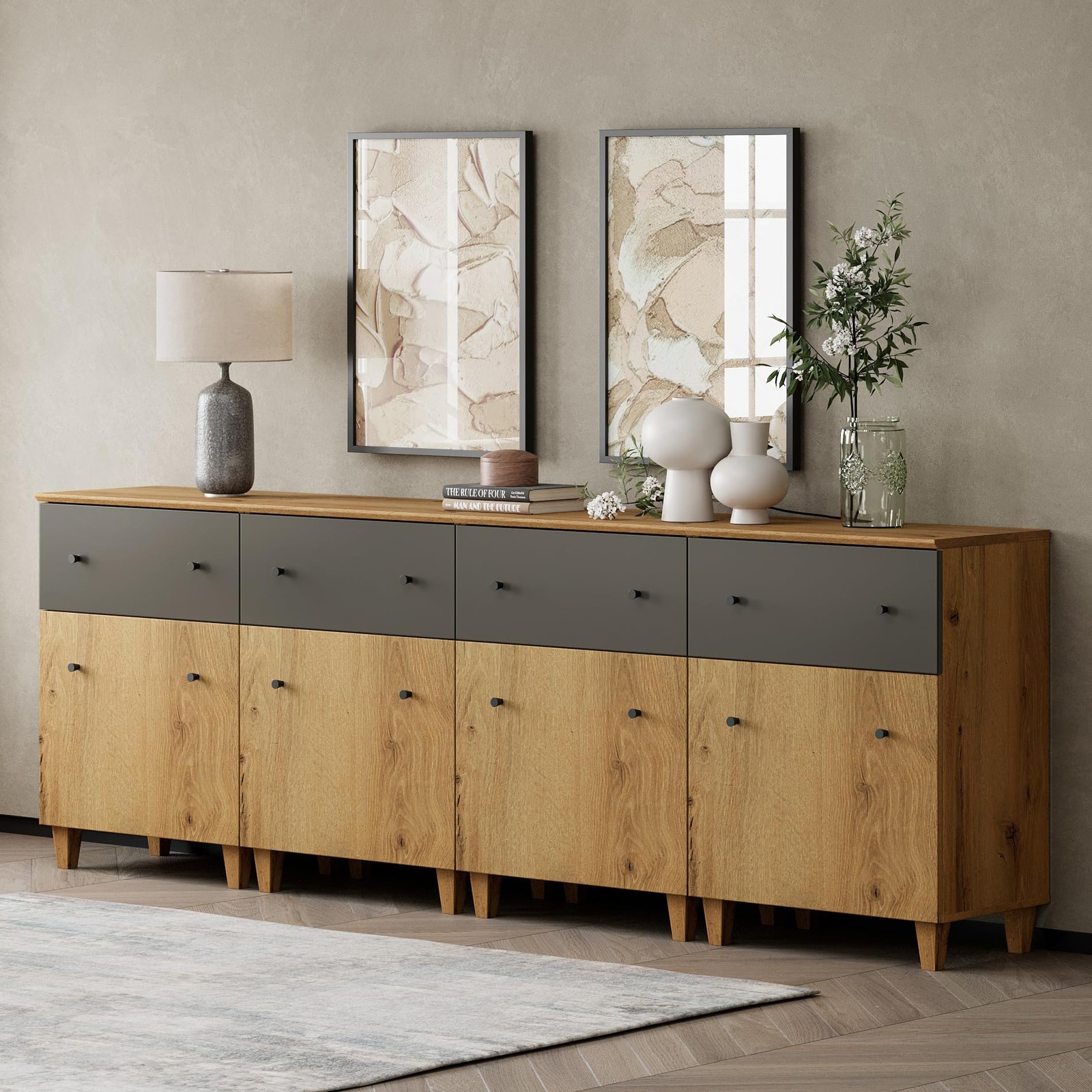 4 Modern Wood Cabinets with Drawers Doors Adjustable Shelves Oak Brown Dark Grey