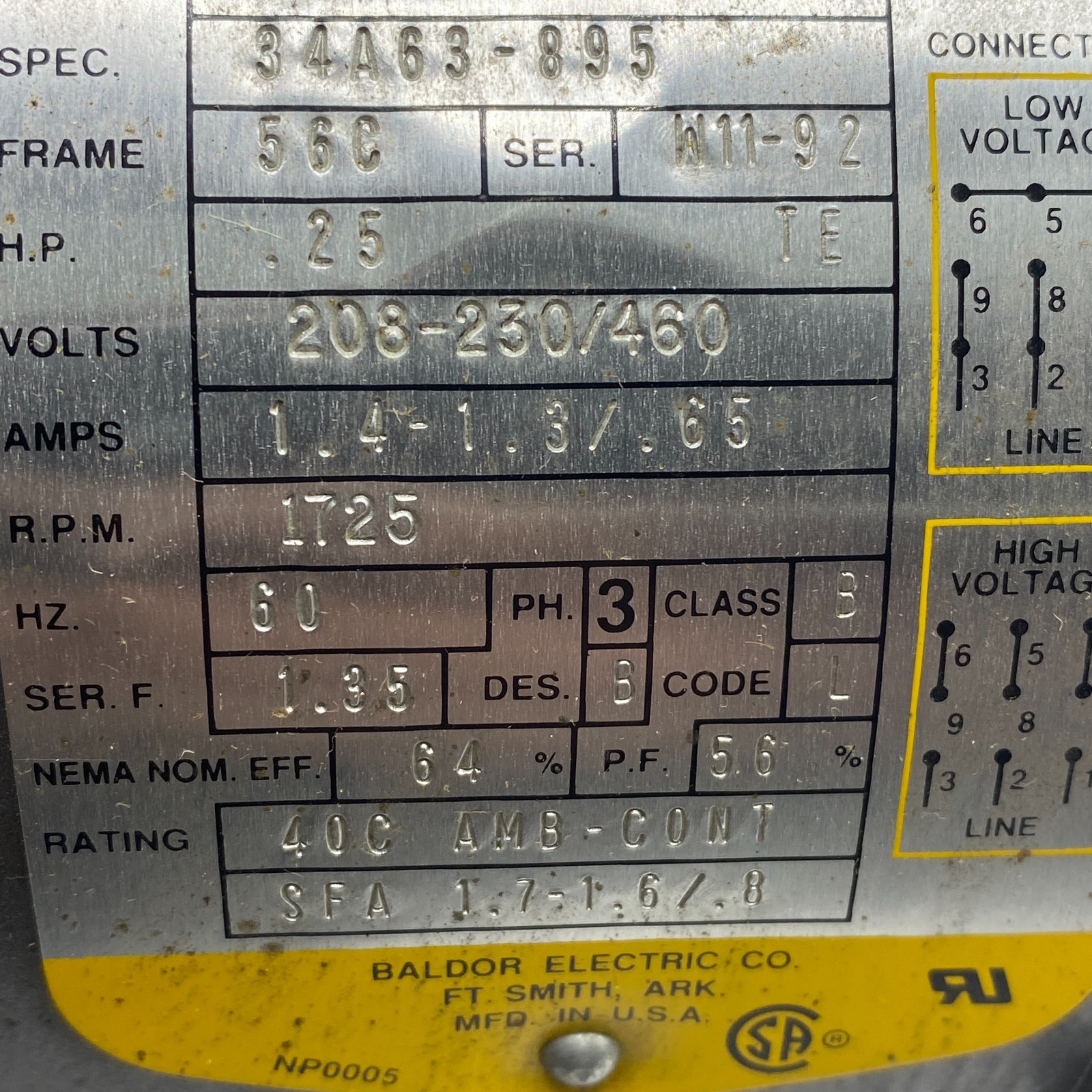 BALDOR KM3454 INDUSTRIAL MOTOR THREE PHASE 1725RPM 60HZ 208-230/460 VOLTS