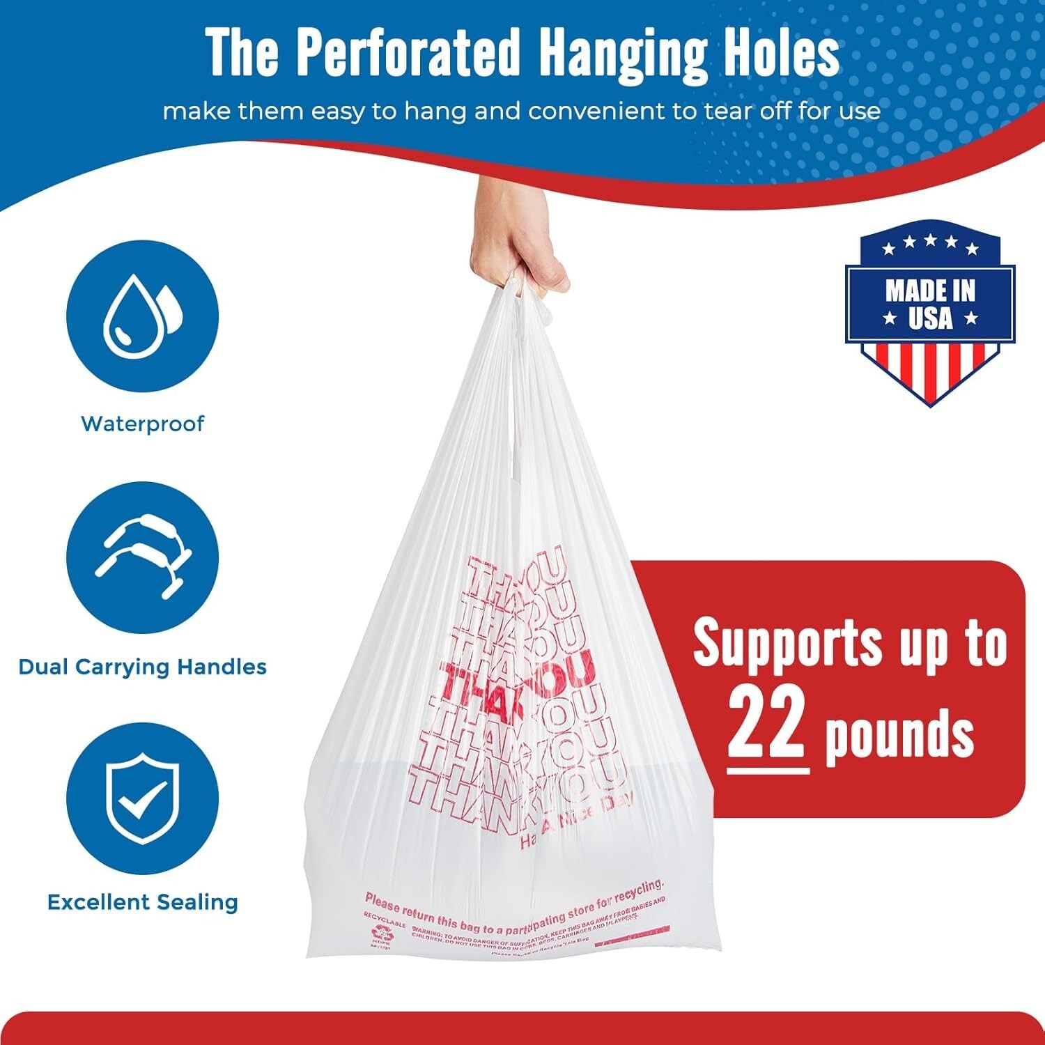 1000 Thank You T-Shirt Bags 12″ x 6.5″ x 21″, Plastic Grocery Shopping Bags