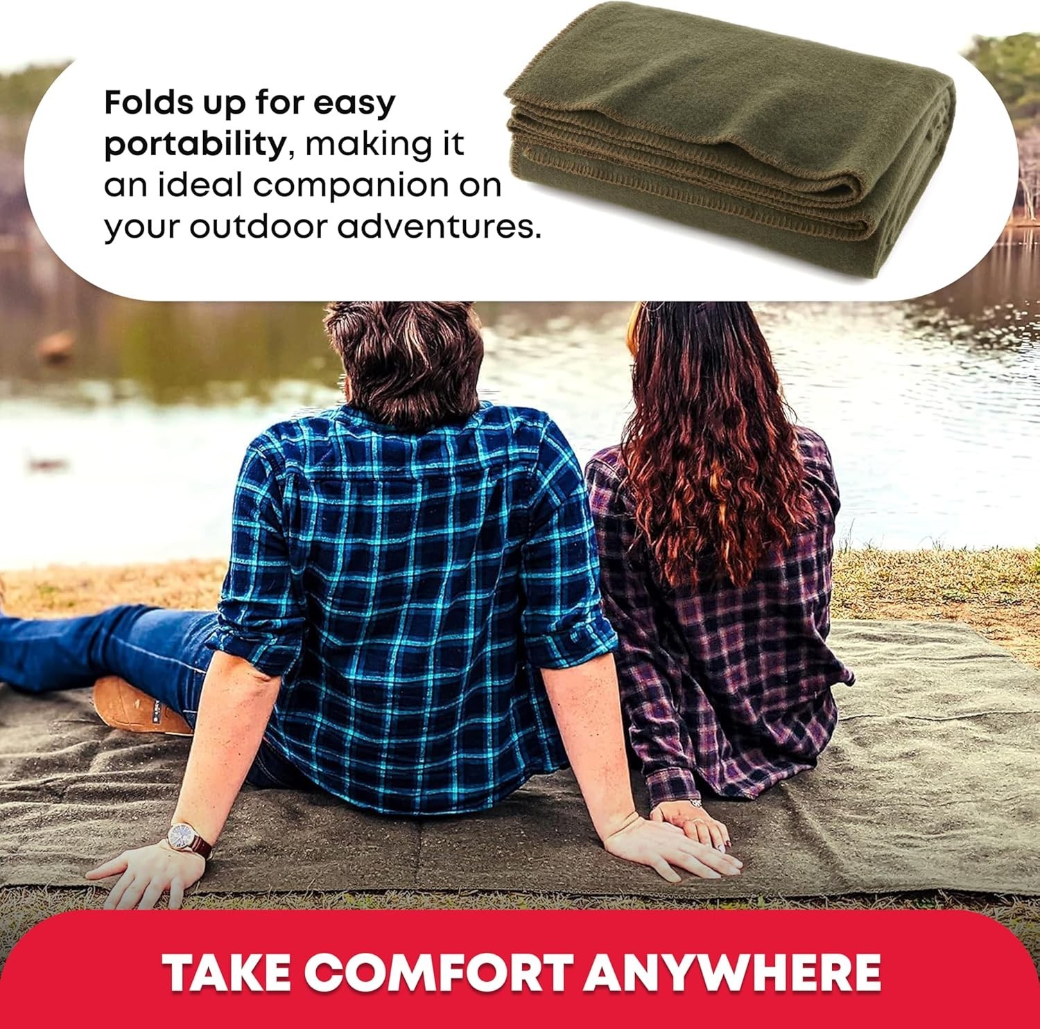Olive Green Warm Fire Retardant Wool Blanket, 66″ x 90″ – Perfect for Camping