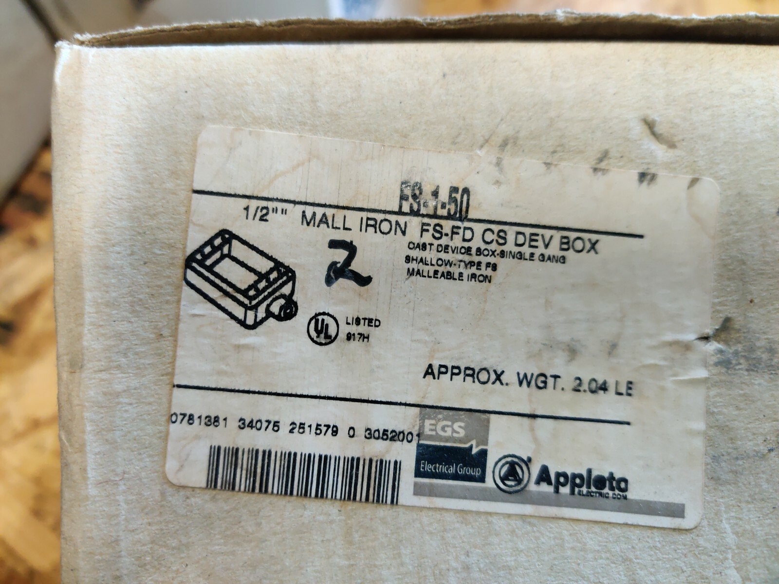 NEW EGS Appleton Electric APP FS-1-50 Single Gang 1/2″ Device Box