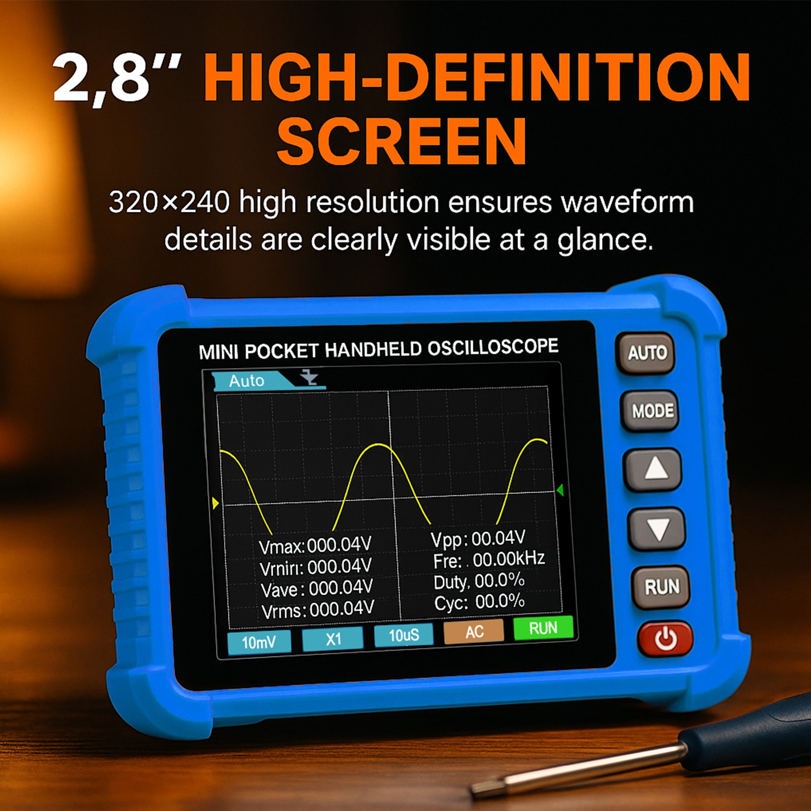 Handheld Digital Oscilloscope, 500kHz Bandwidth, 2.5MS/s, 2.8″ LCD, Auto Setup