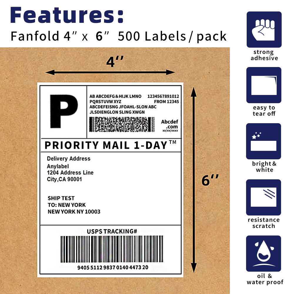 500 4″x6″ Fanfold Direct Thermal Shipping Labels for Zebra and Rollo Printers