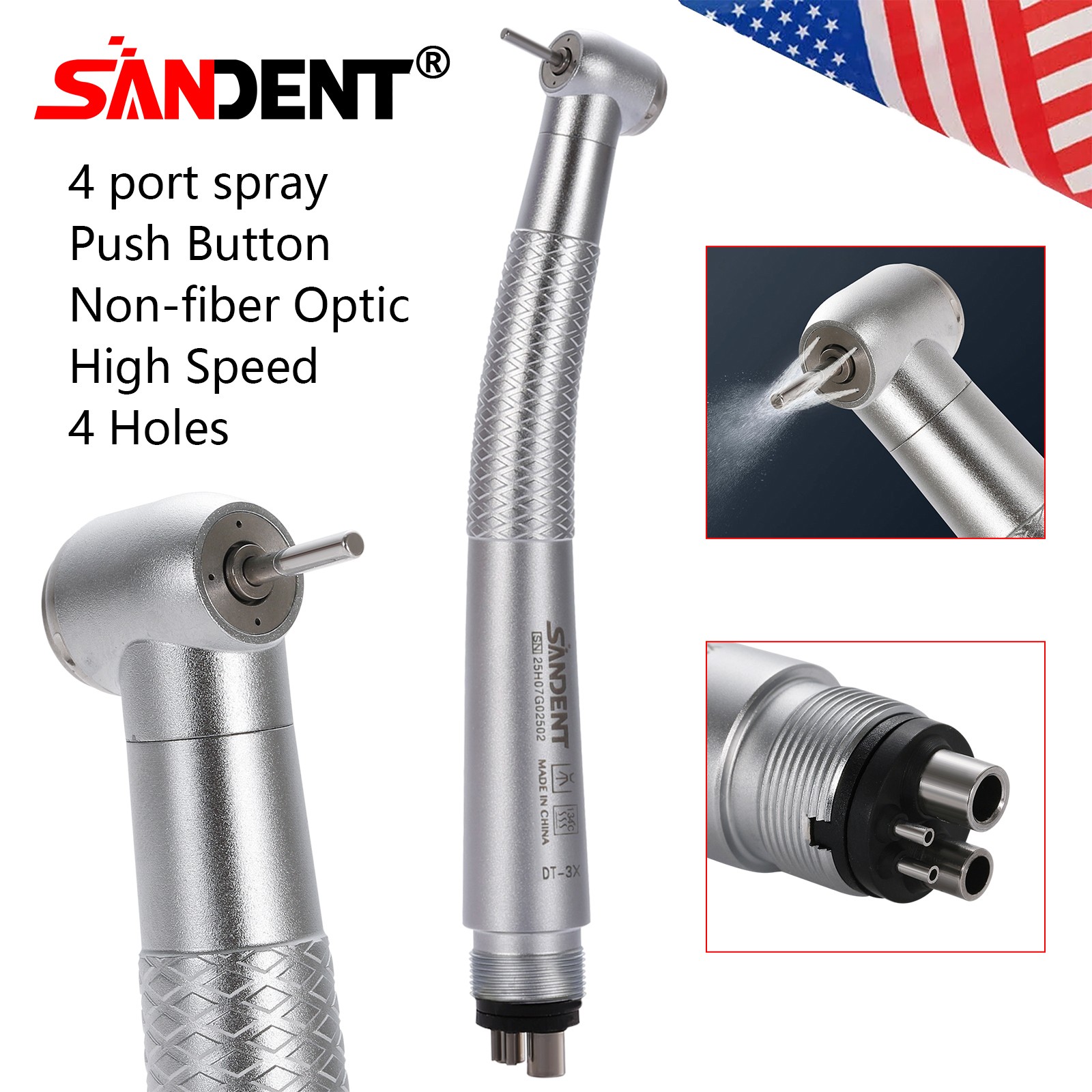 SANDENT Dental High Speed Handpiece Push Button 4 port spray 4 Hole Fit NSK
