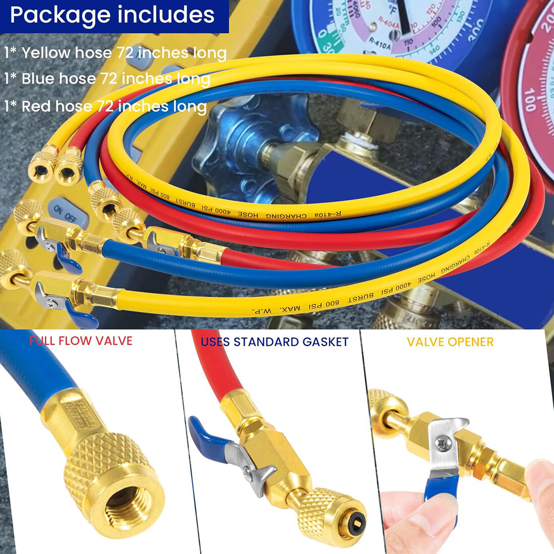 3 Pack 29986 Plus II 1/4″ Red Blue Yellow Charging Hose Compact Ball Valve 72″
