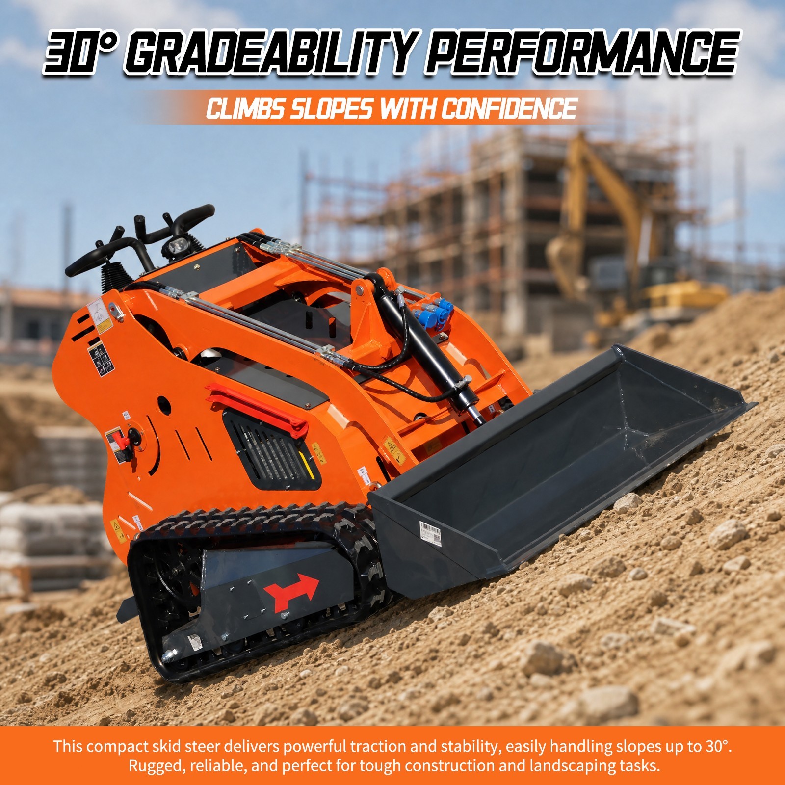 New 24HP Mini Skid Steer Loader 4-in-1 Bucket 3-Stage Pump Hydraulic System