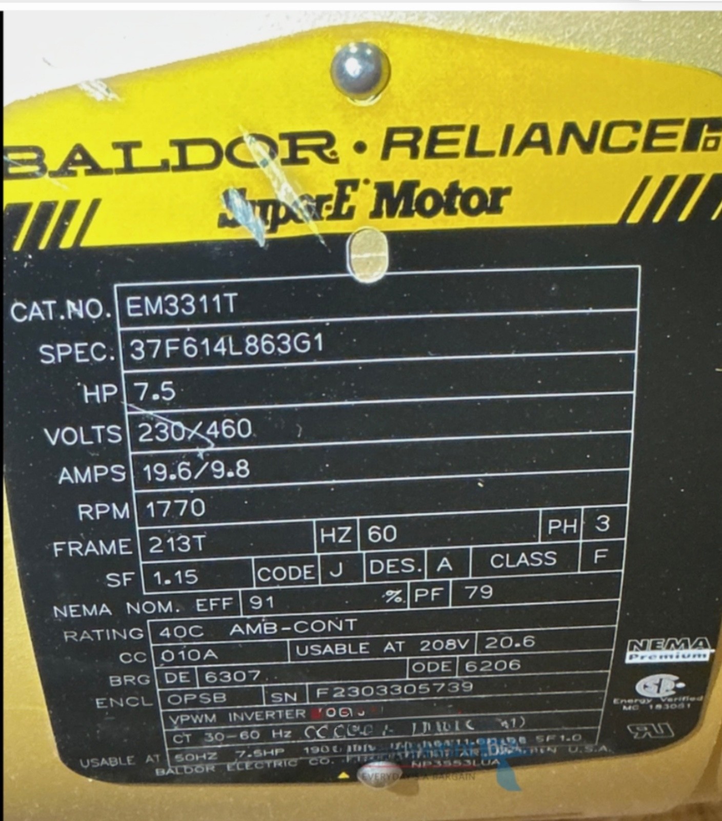 New Baldor EM3710T 7.5hp TEFC Motor 230/460V 60Hz 3ph 1800RPM 213T Frame 2134 5D