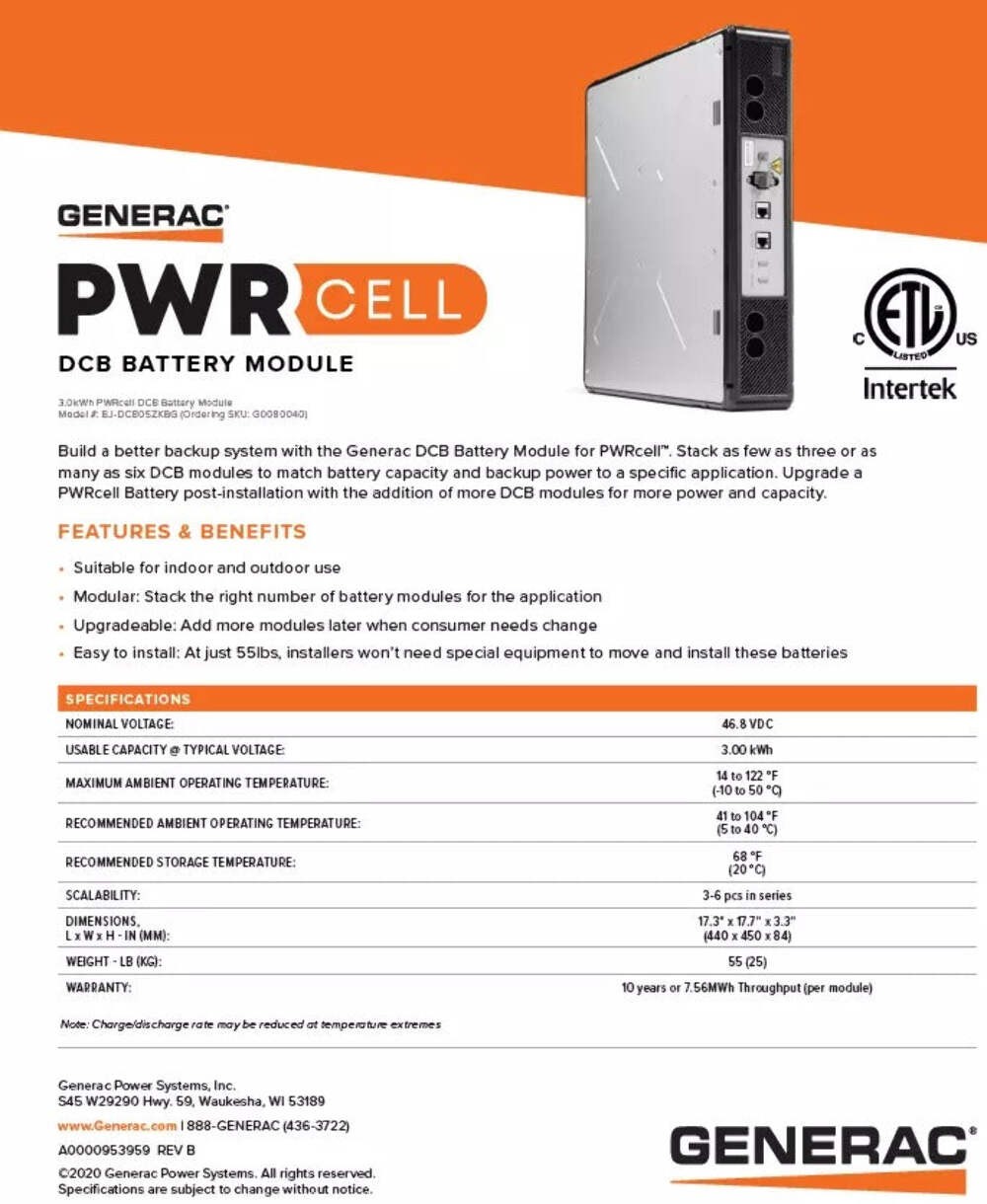 NEW Generac BJ-DCB05ZKBG PWRcell 3.0kWh DCB Series Panasonic Battery G0080040