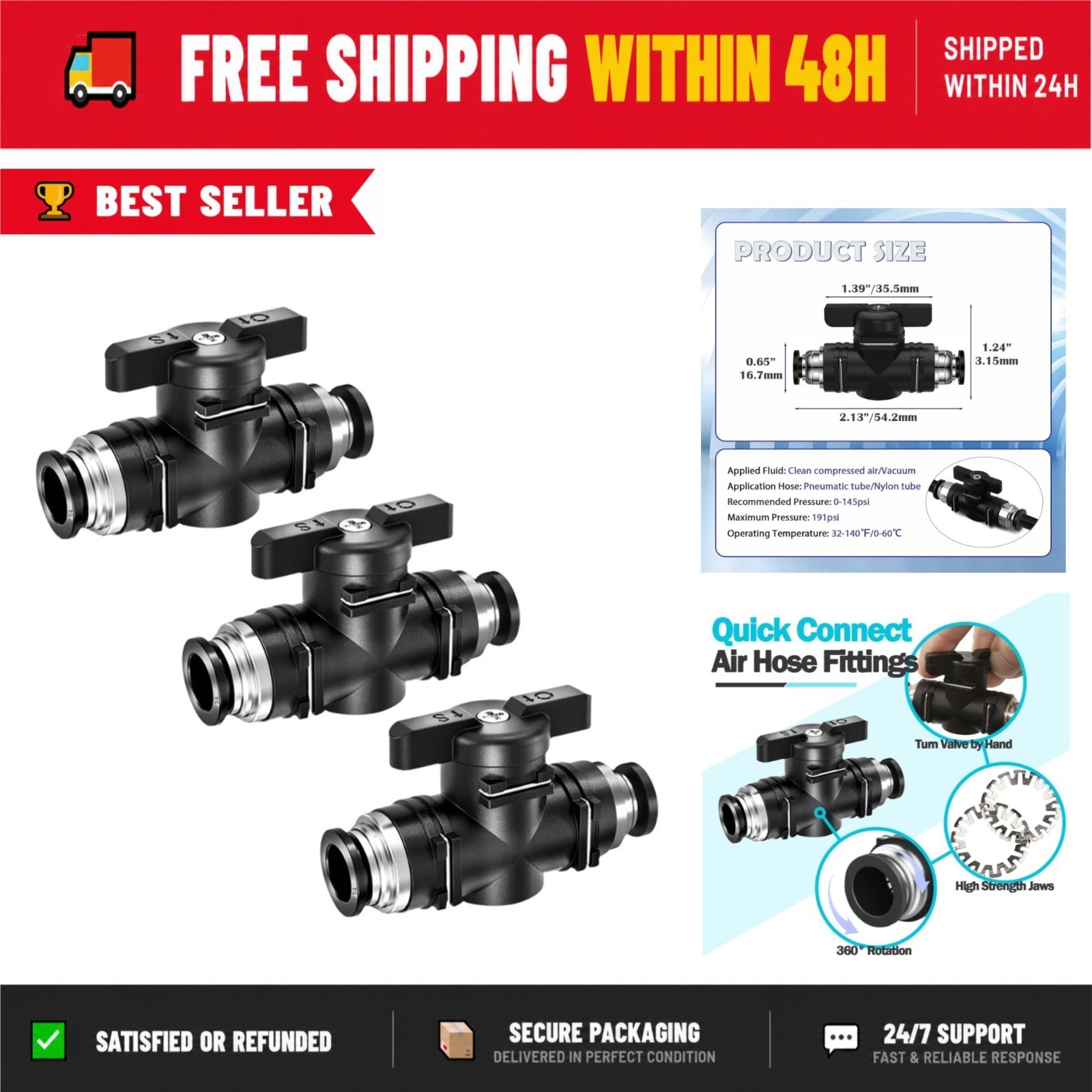 Tugermoola 3PCS 1/4″ Push to Connect Ball Valve Air Hose Fittings