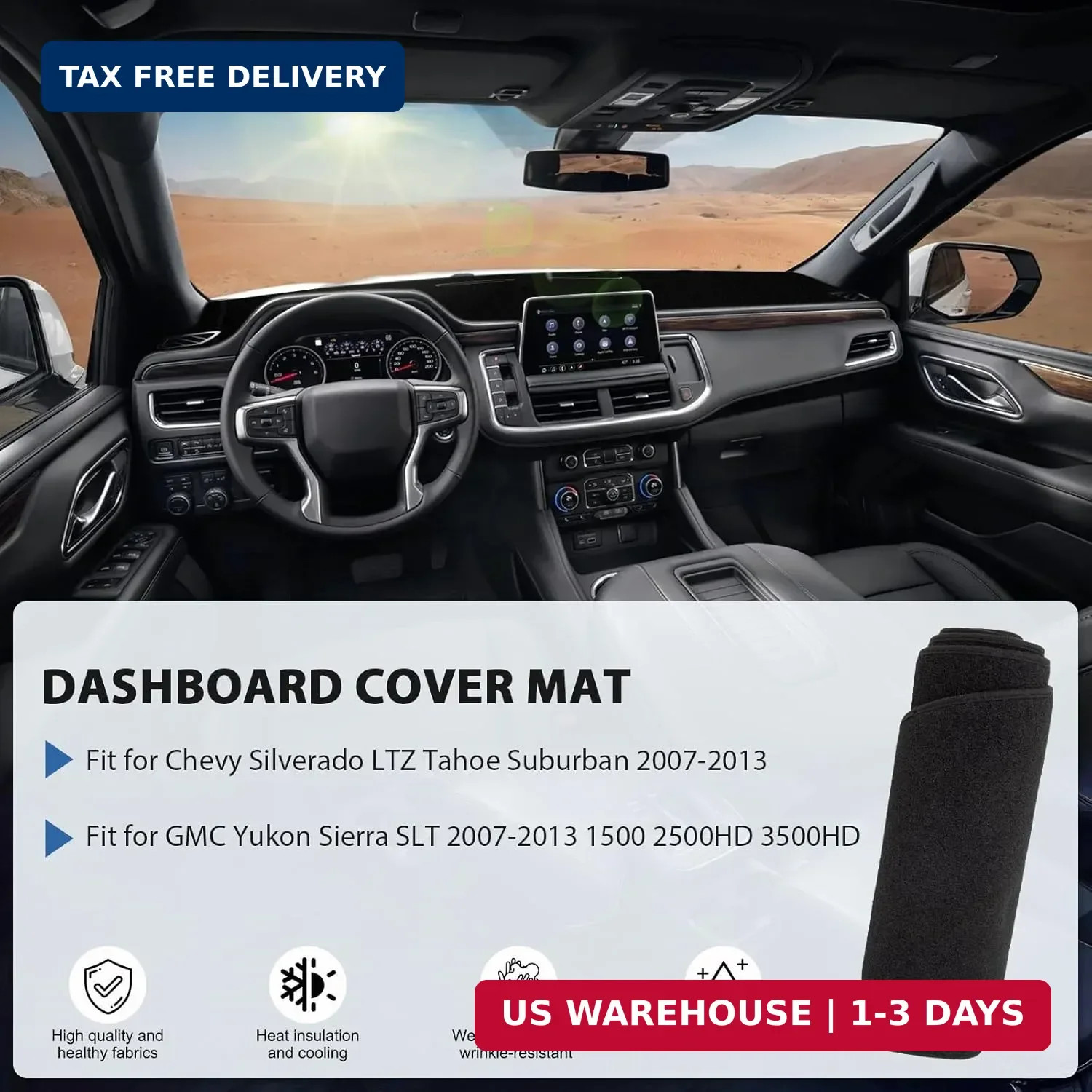 Dashboard Cover Mat Compatible with Chevy Silverado 2007-2013 LTZ GMC Sierra SLT