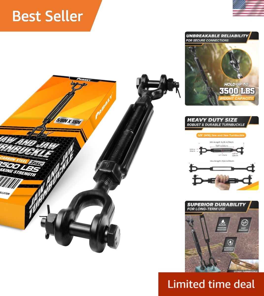 Versatile 5/8”x15” Turnbuckle with 3500 lbs Capacity for Indoor and Outdoor Use