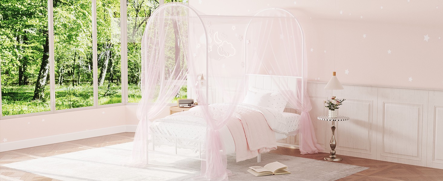 Kids Canopy Bed Frame with Headboard & Footboard, Upholstered Twin Bed Frames