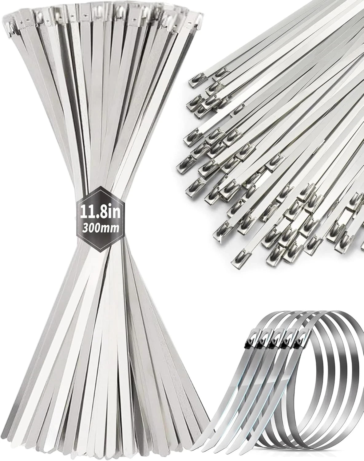50Pcs Metal Zip Ties 11.8 Inch 304 Stainless Steel Zip Ties, Heavy Duty Multi-Pu