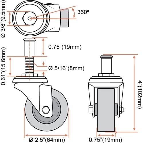 6 Pack Heavy-Duty 2.5″ Swivel Caster Wheel Creeper Service Cart Stool Post Mount