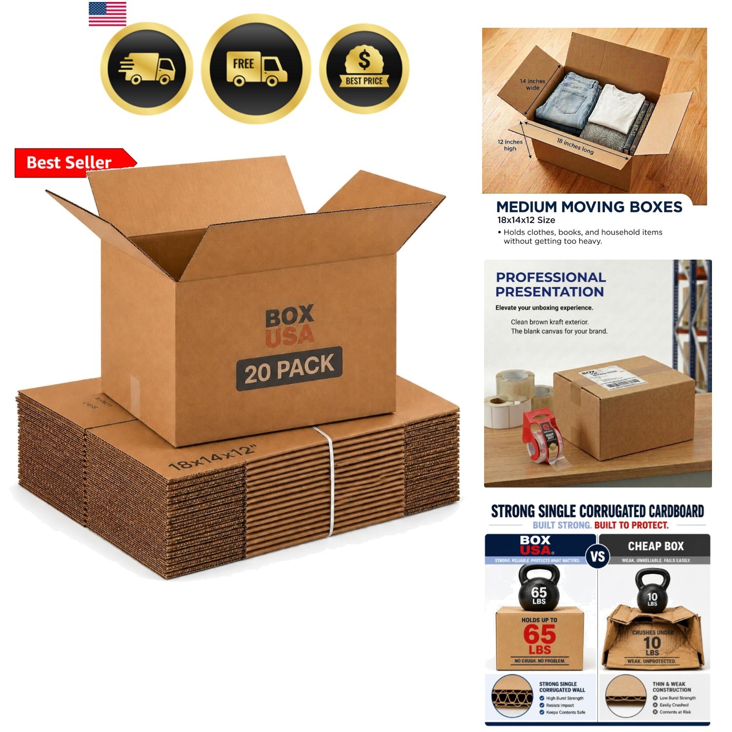 Medium Moving Boxes 18″L x 14″W x 12″H 20-Pack – Corrugated Cardboard Box for…