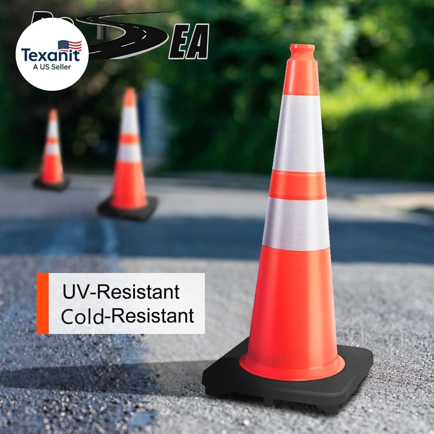 (8 Cones) 28” Inch Orange PVC Traffic Cones, Black Base Construction Safety Con