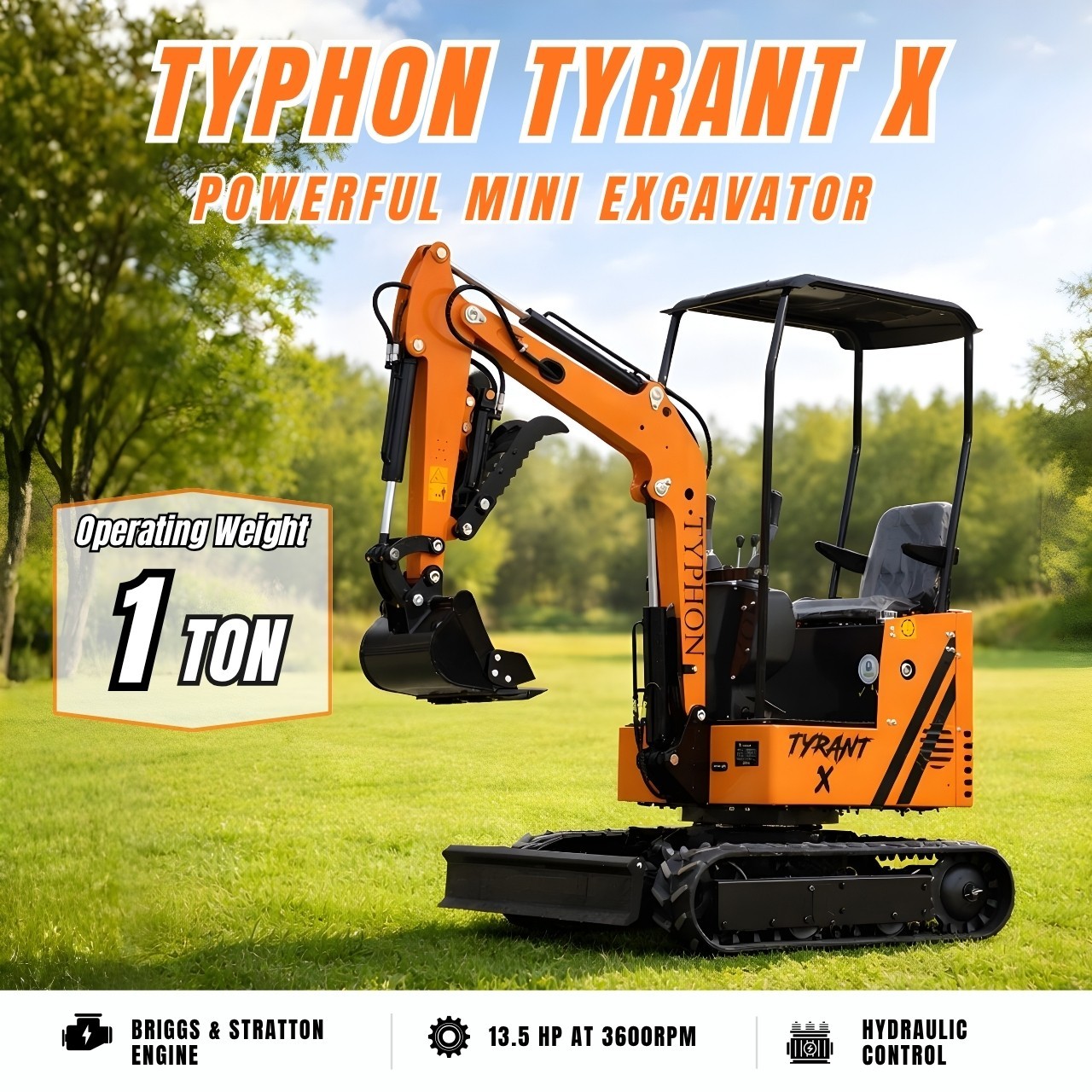 Free Ship TYPHON TYRANT X 1Ton Mini Excavator USA 13.5HP include 12 Attachments