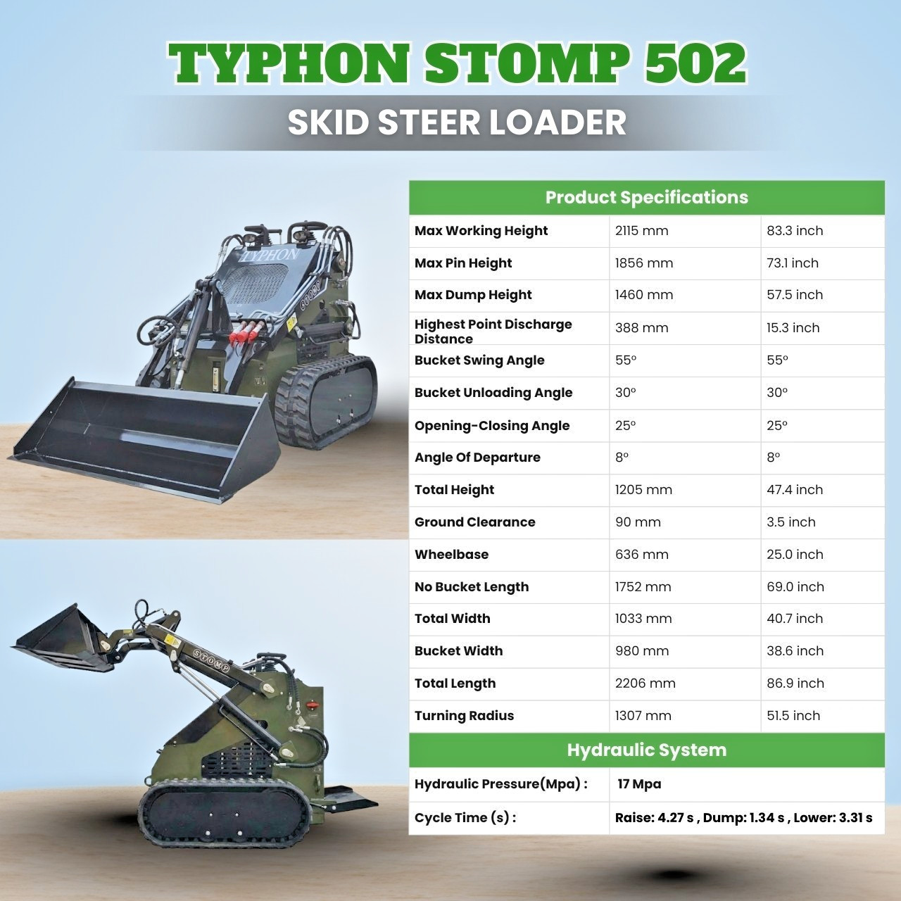 FreeShip TYPHON STOMP 502 1958lbs Mini Skid Steer Loader 22.1HP Honda Gas Engine