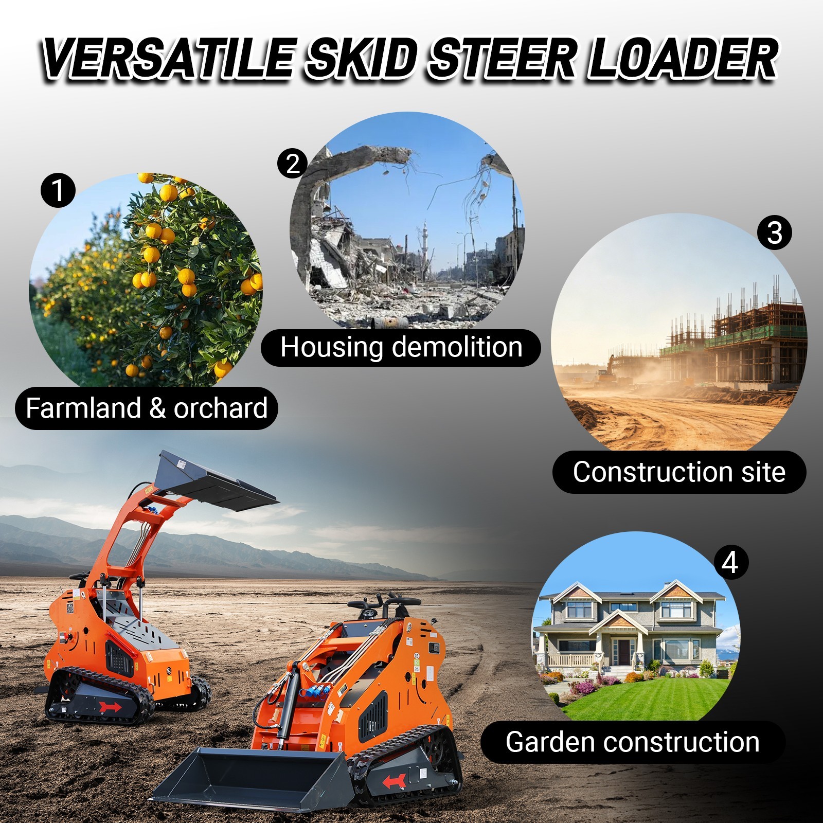 24HP Mini Track Skid Steer Loader, RATO 2-Cylinder Engine, 3-Pump Hydraulic Syst