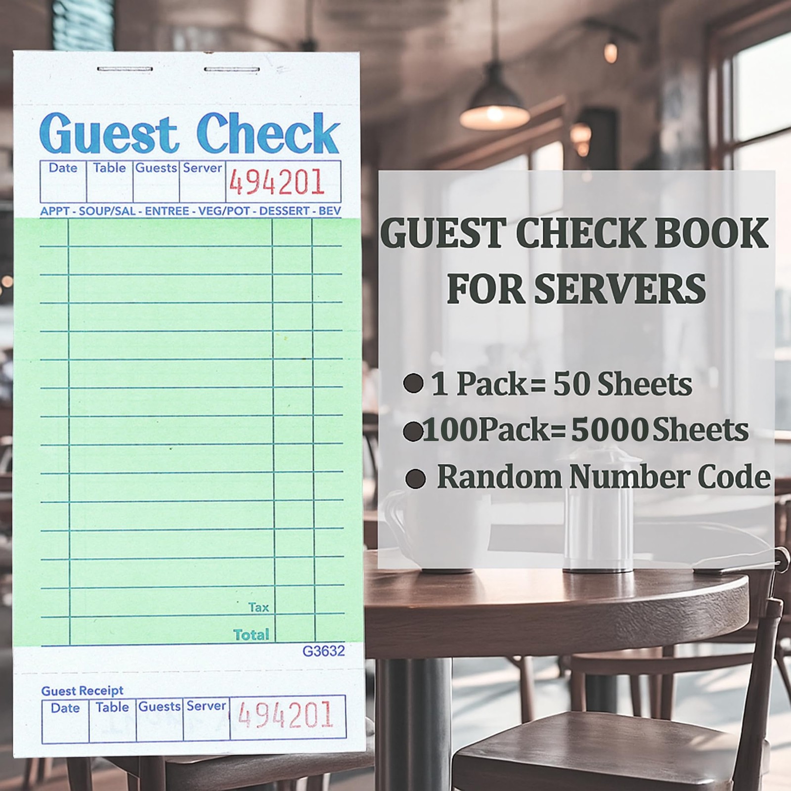 Guest Check Pads 100 Pack Green Server Notepad Restaurant Budgenix Checks 5000