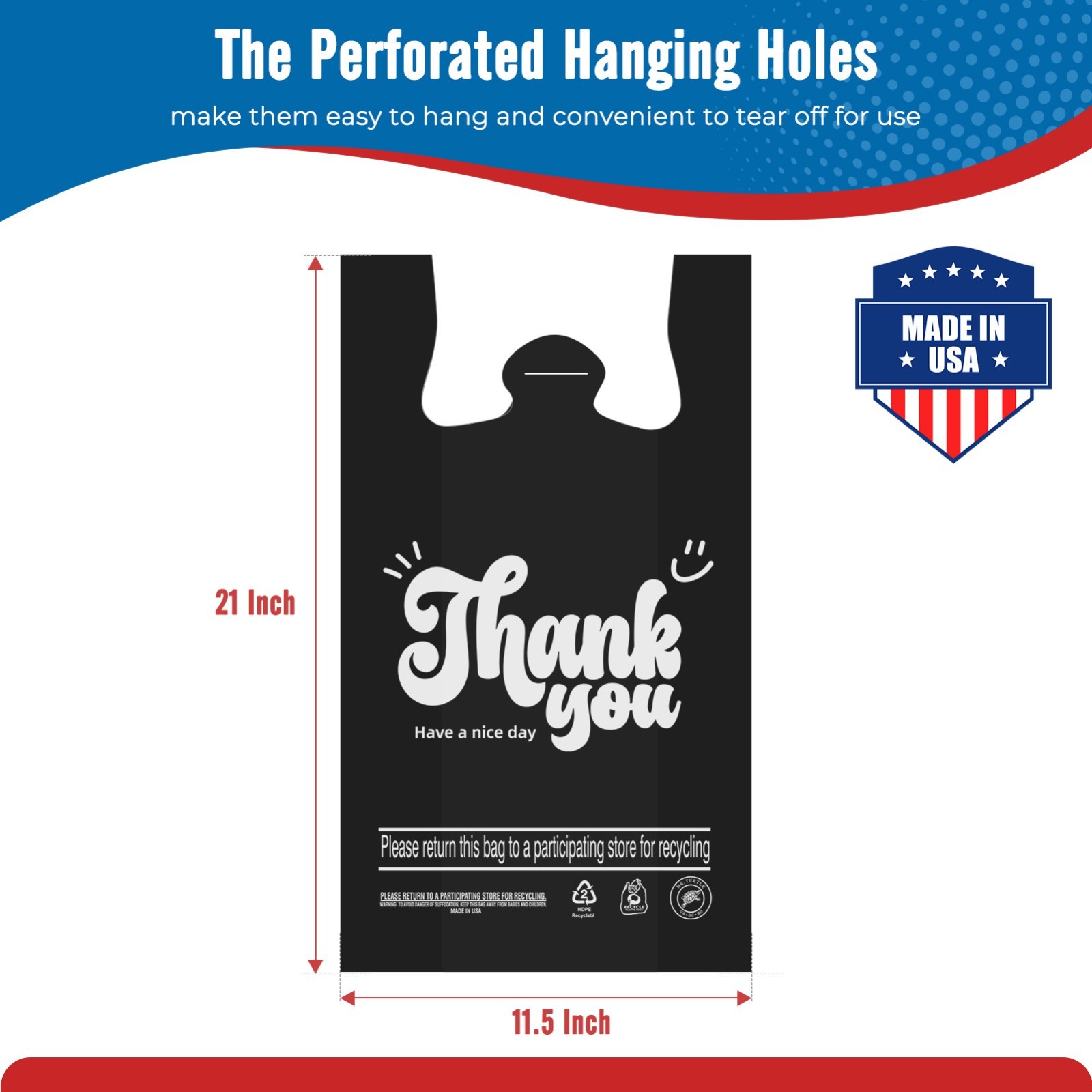 1000 Black Thank You T-Shirt Bags 12″ x 6.5″ x 21″ Plastic Grocery Shopping Bags