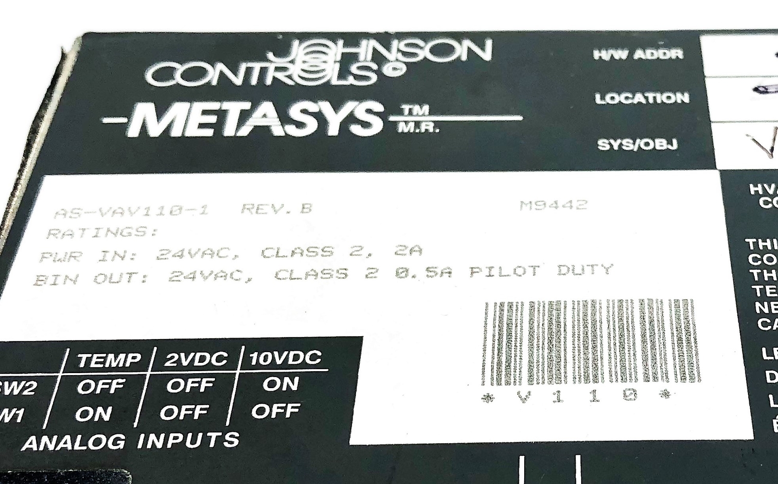 ​Johnson Controls Metasys Rev-B Air Volume Controller AS-VAV110-1 (M9442) USED